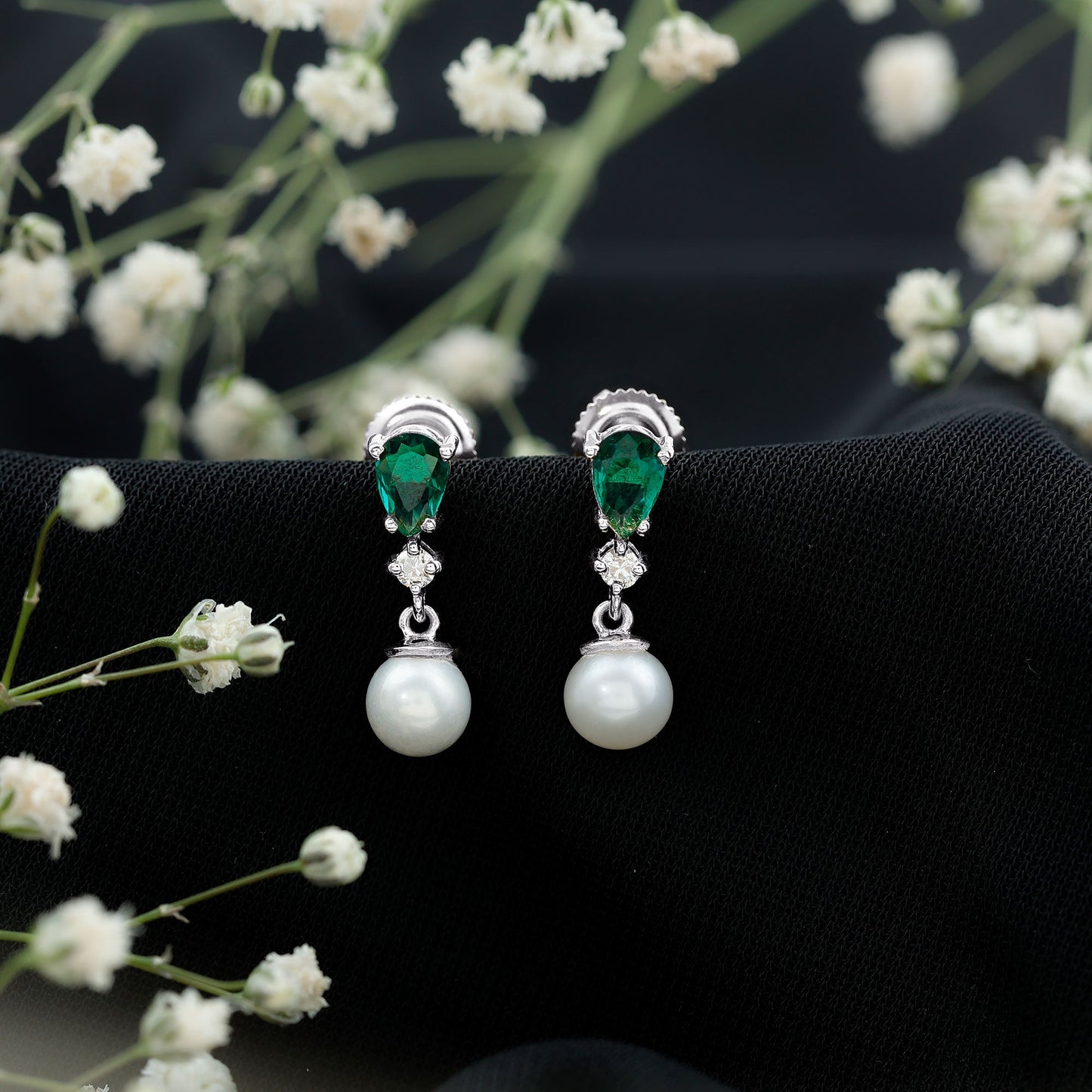 Freshwater Pearl Drop Dangle Earrings With Created Emerald