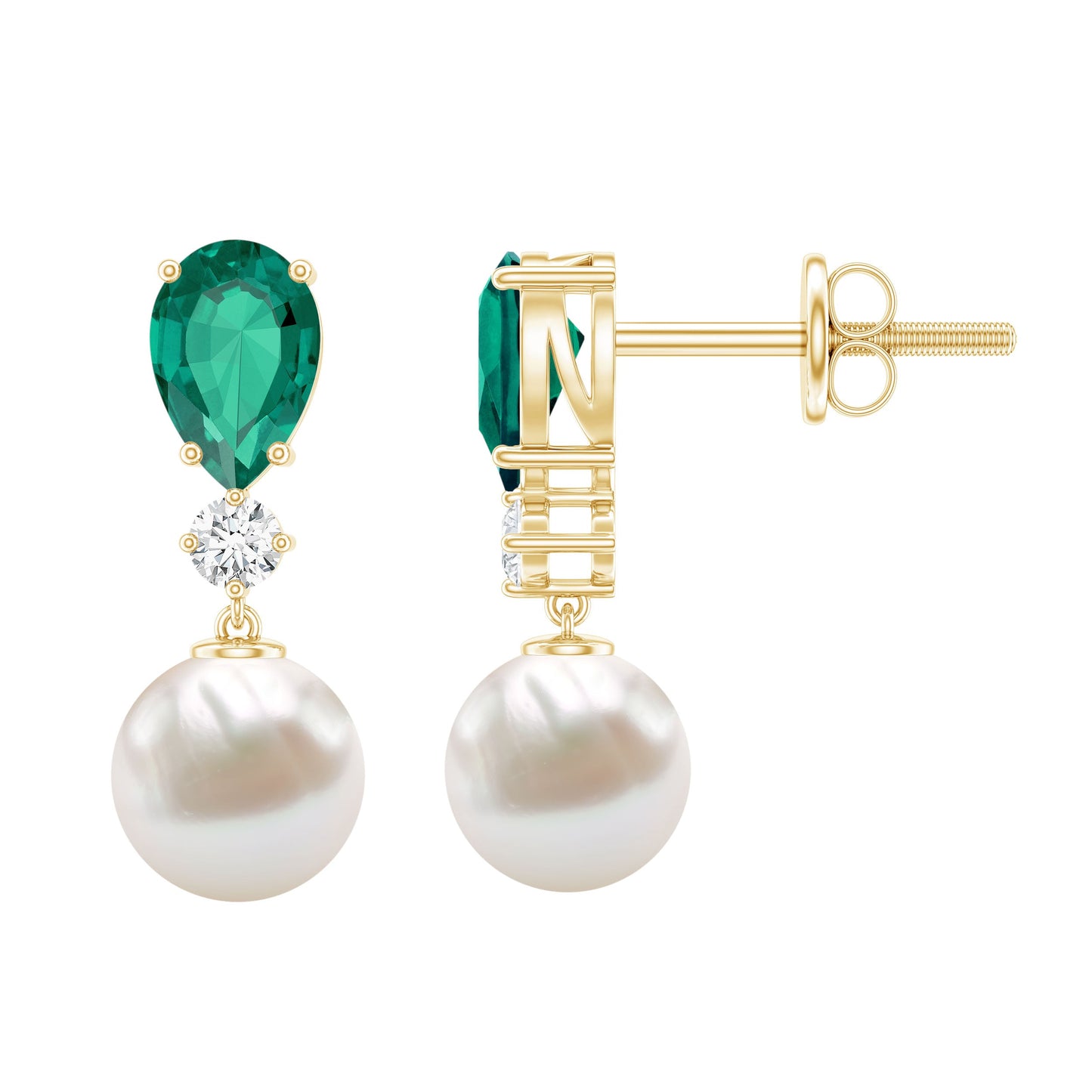 Freshwater Pearl Drop Dangle Earrings With Created Emerald