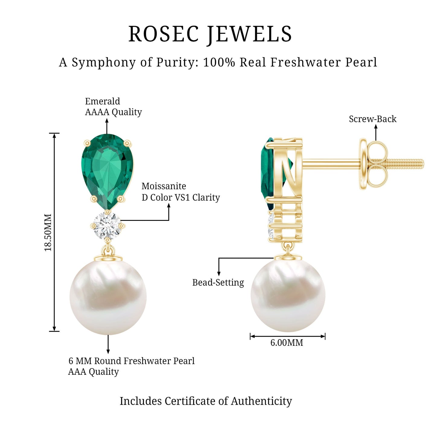 Freshwater Pearl Drop Dangle Earrings With Created Emerald