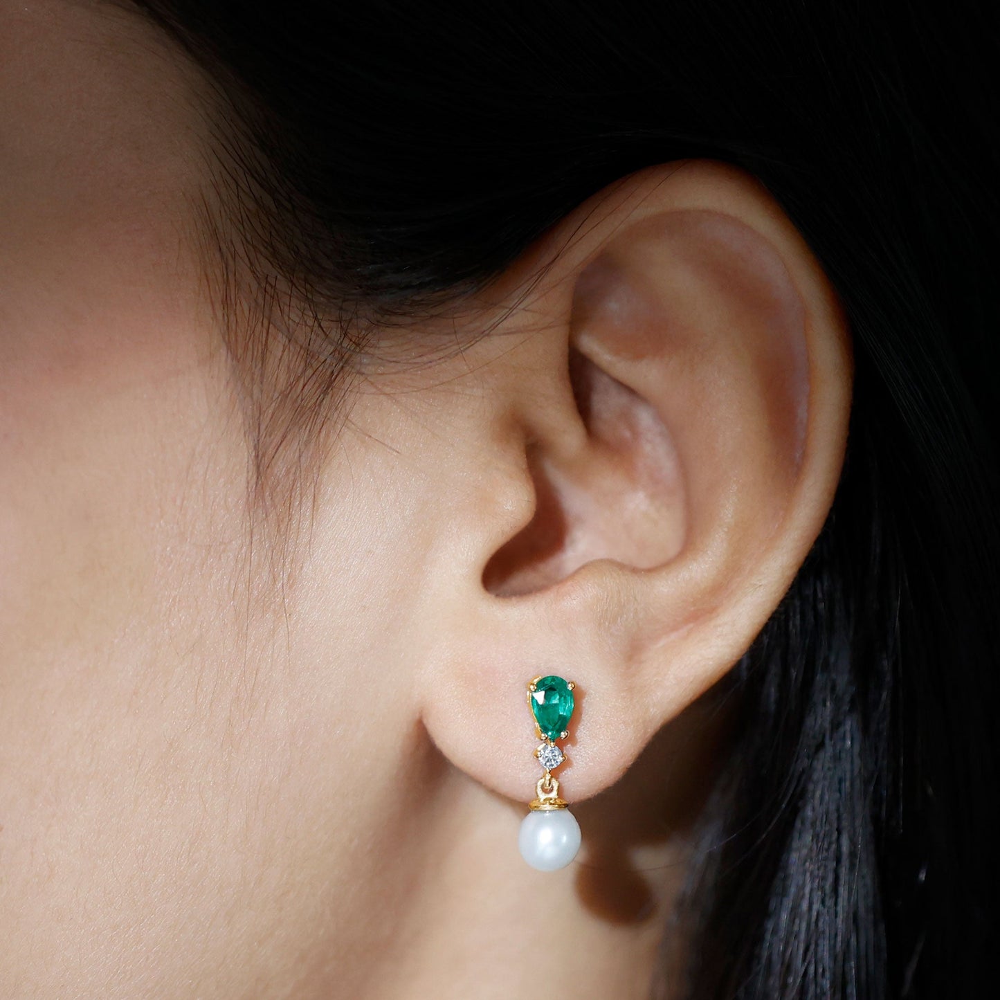 Freshwater Pearl Drop Dangle Earrings With Created Emerald