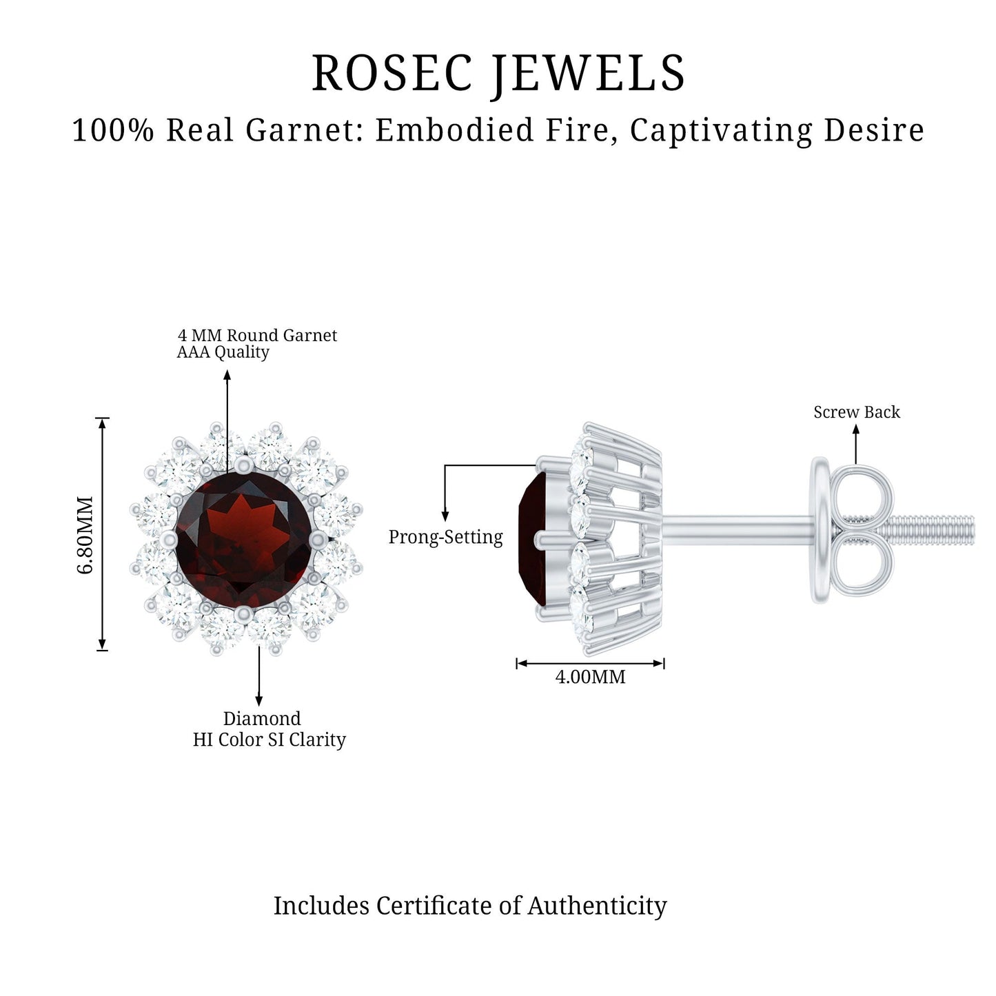 Genuine Garnet and Diamond Halo Stud Earrings