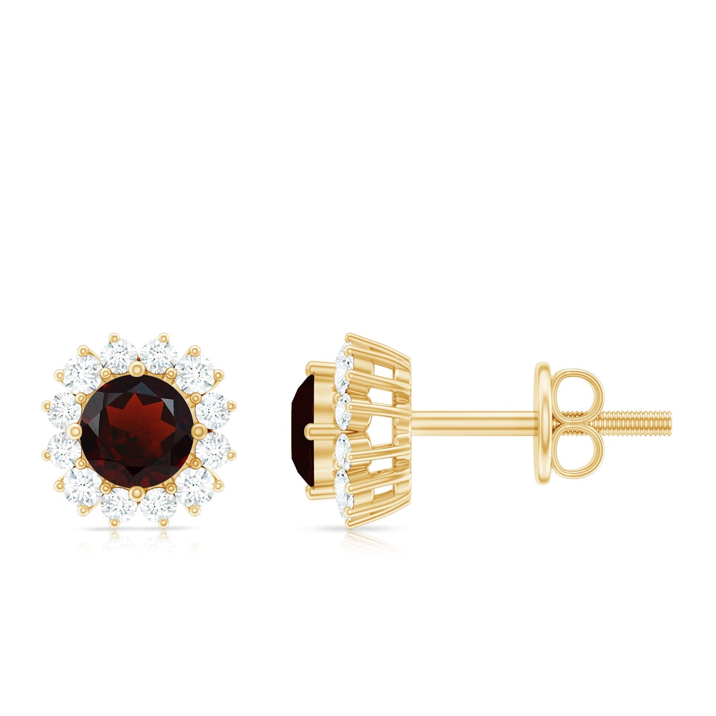 Genuine Garnet and Diamond Halo Stud Earrings