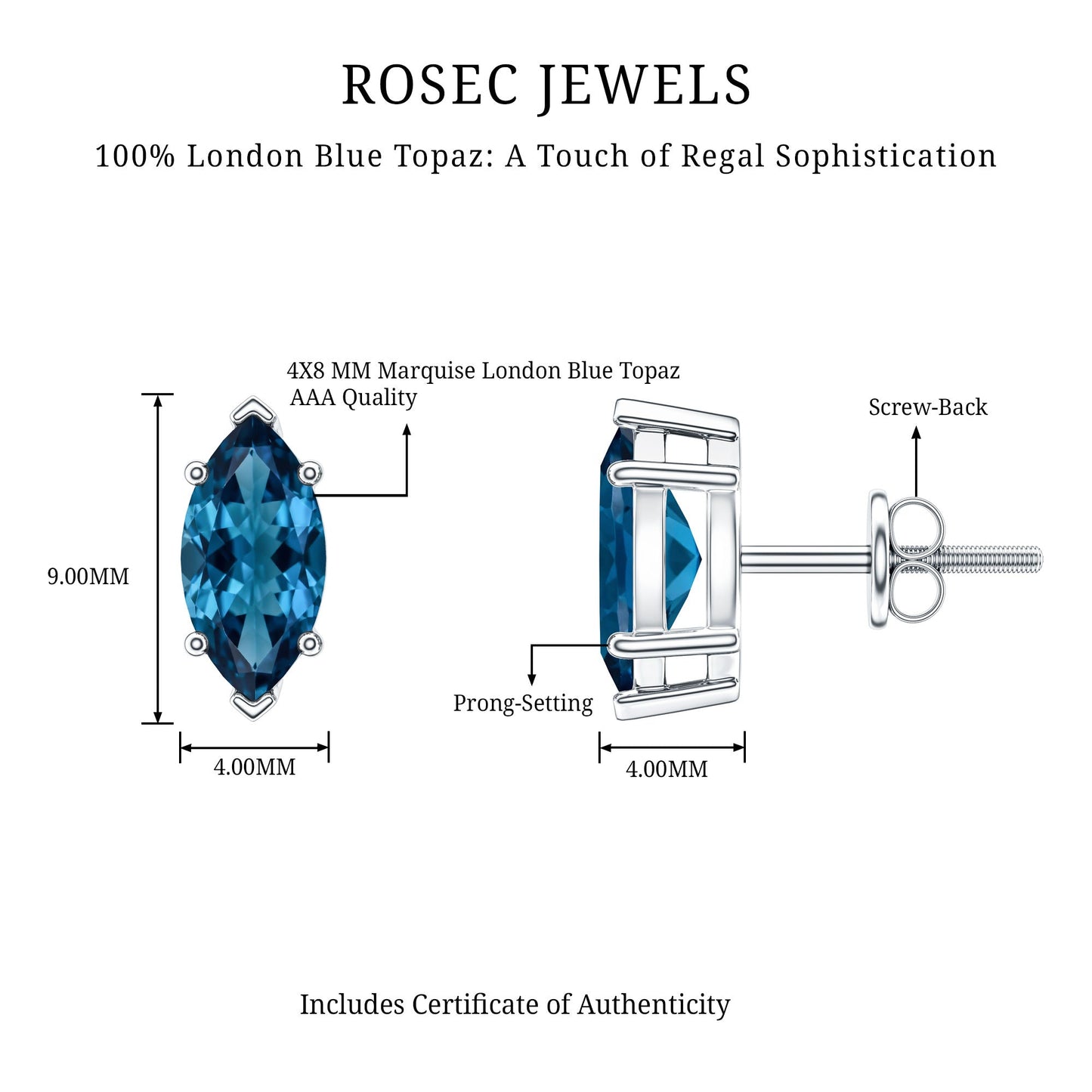 Marquise London Blue Topaz Solitaire Studs in Basket Setting