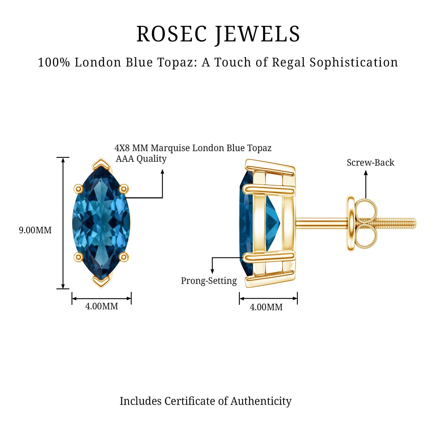 Marquise London Blue Topaz Solitaire Studs in Basket Setting