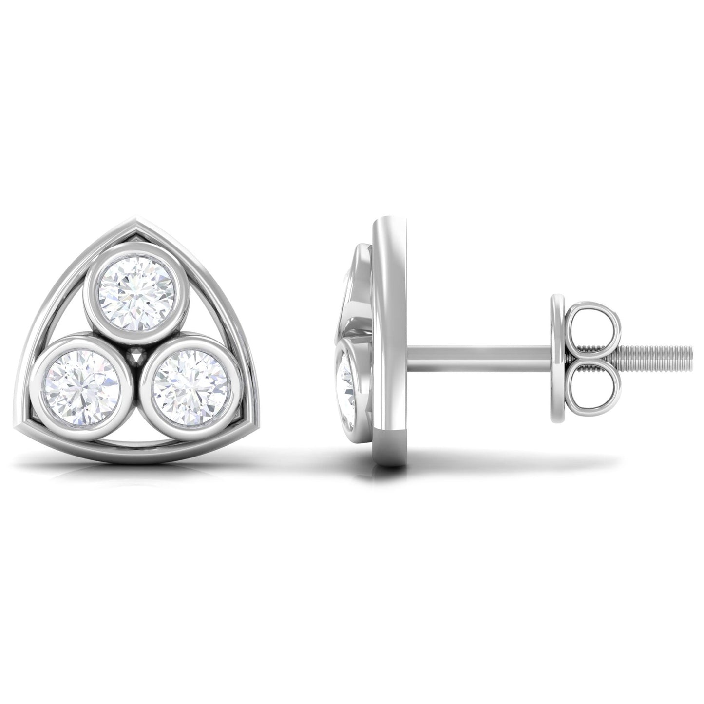 Bezel Set Round Diamond Three Stone Stud Earrings