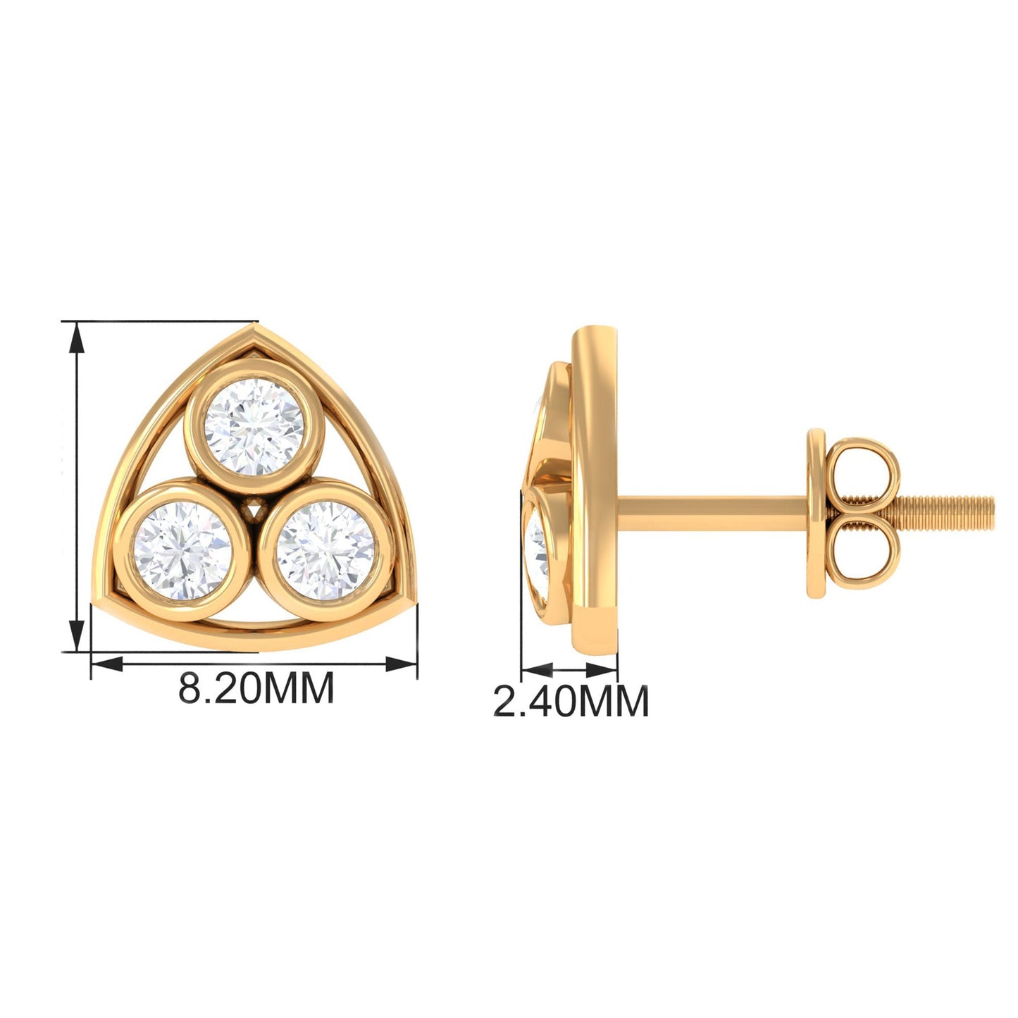 Bezel Set Round Diamond Three Stone Stud Earrings