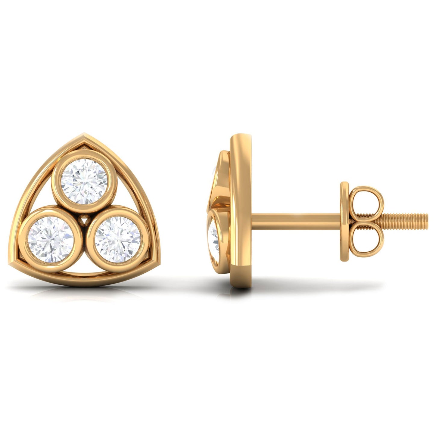 Bezel Set Round Diamond Three Stone Stud Earrings