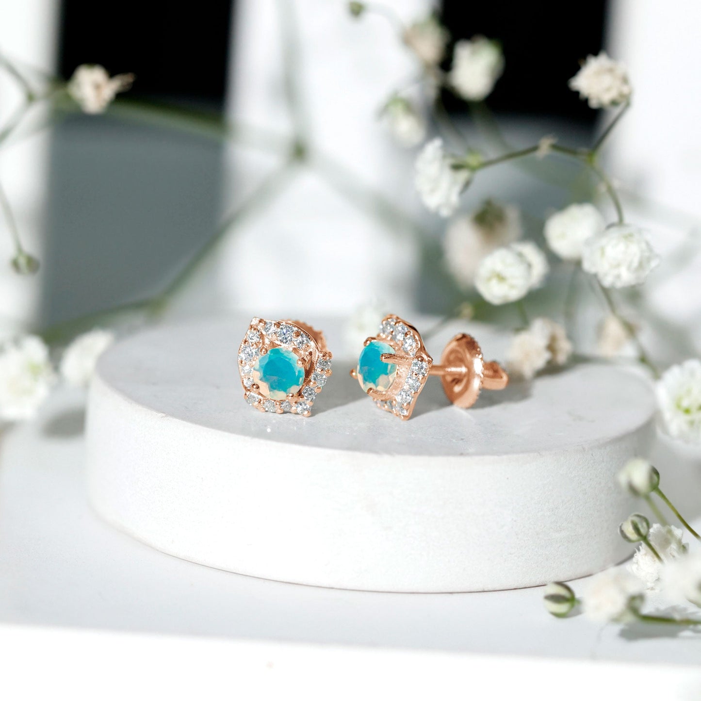 Vintage inspired Ethiopian Opal Stud Earrings with Diamond Accent