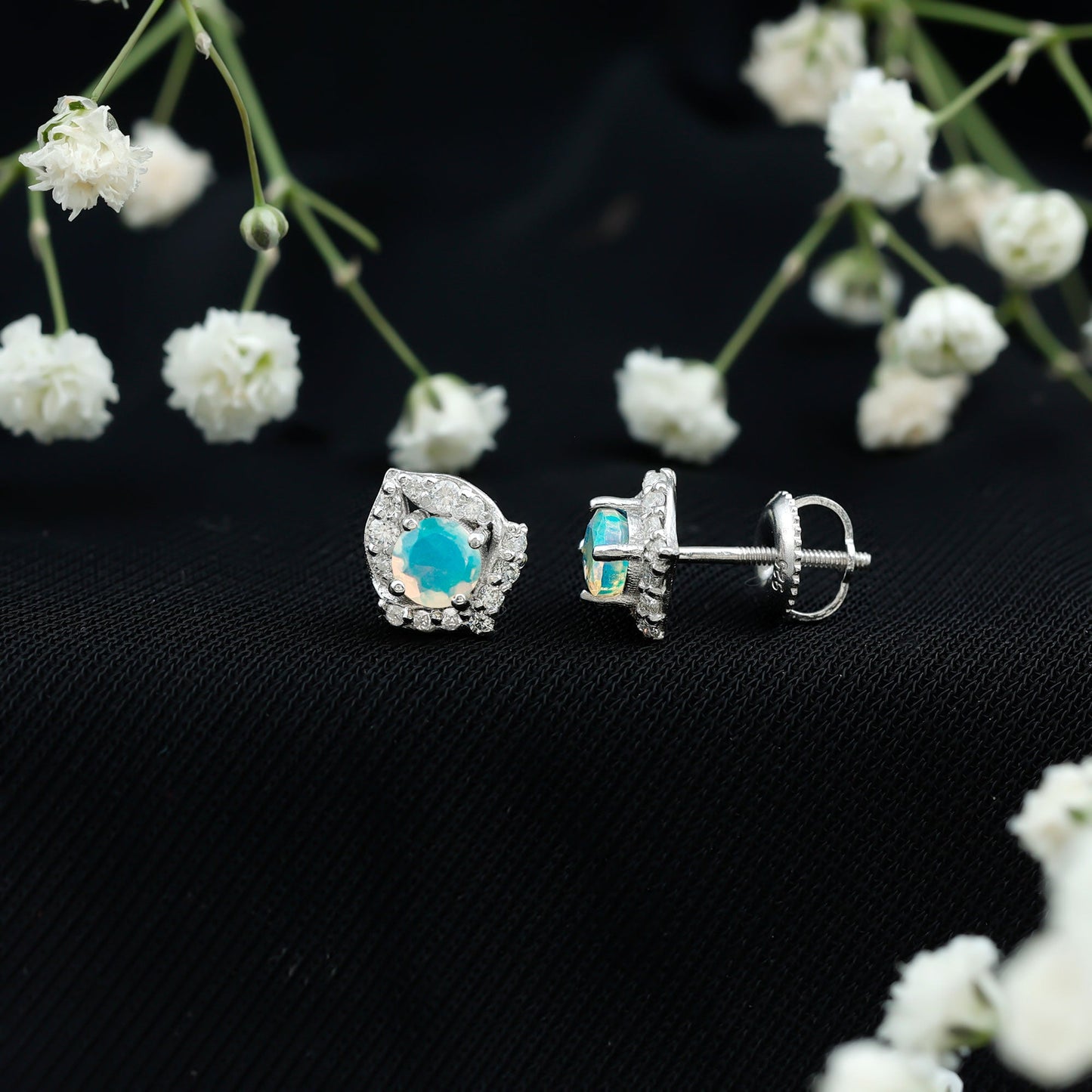 Vintage inspired Ethiopian Opal Stud Earrings with Diamond Accent