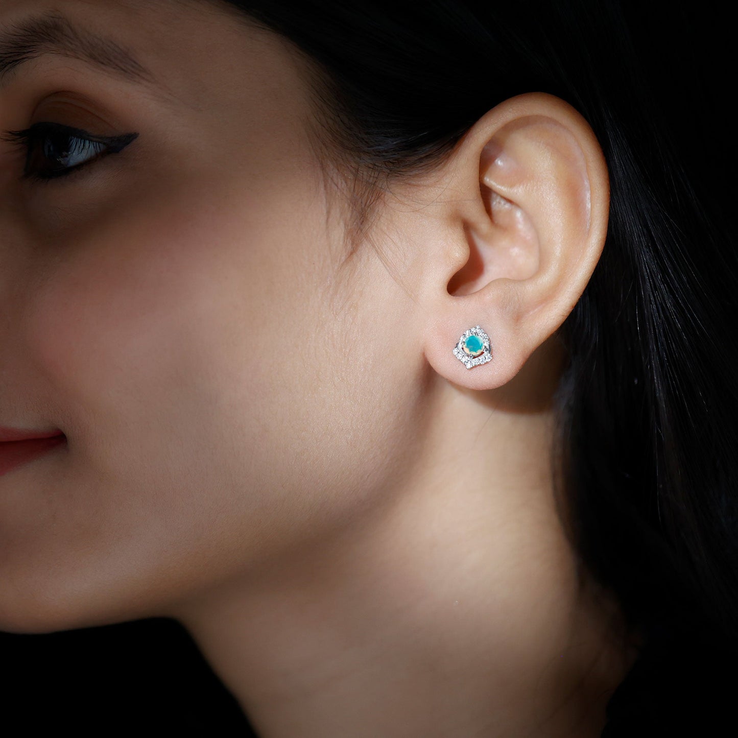 Vintage inspired Ethiopian Opal Stud Earrings with Diamond Accent