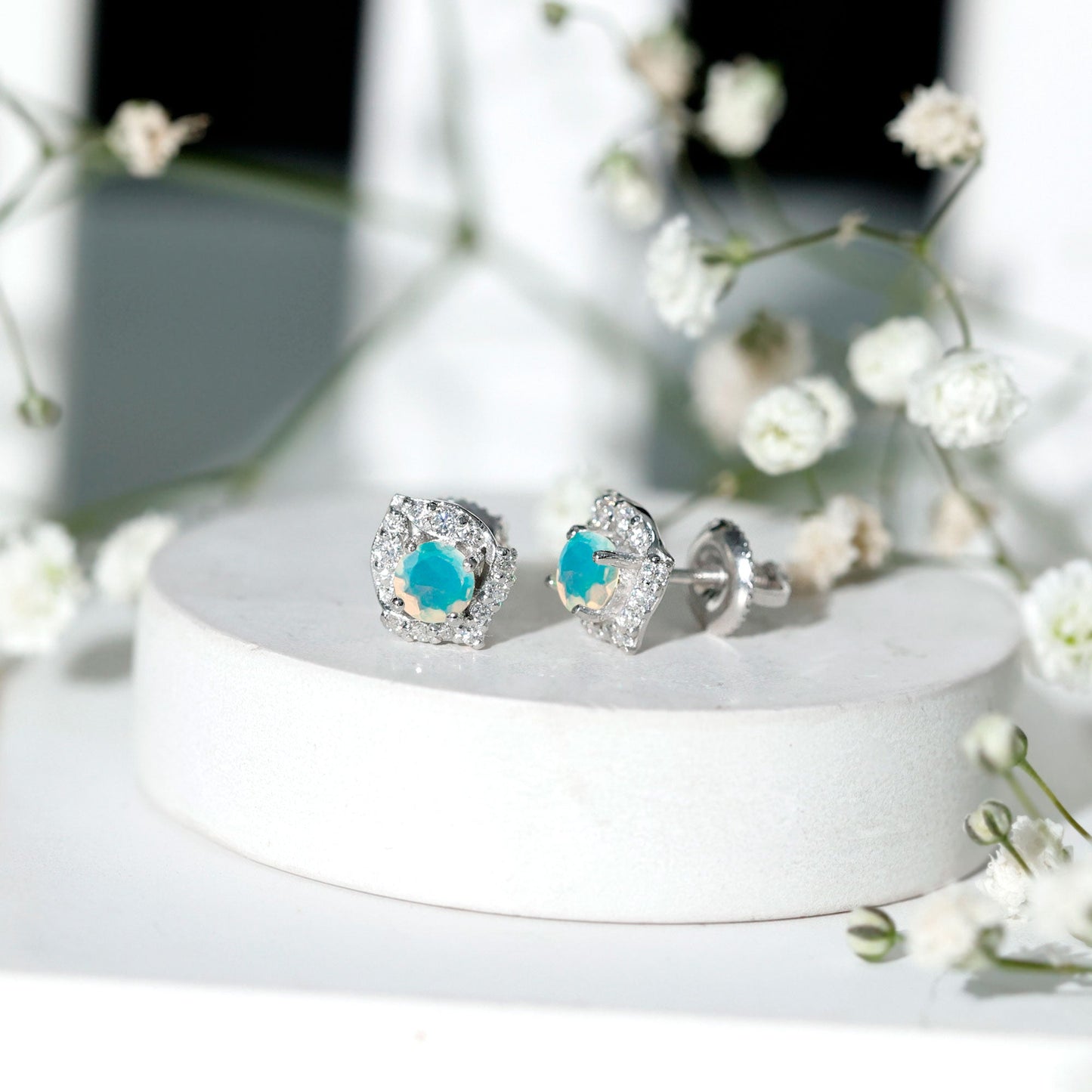 Vintage inspired Ethiopian Opal Stud Earrings with Diamond Accent