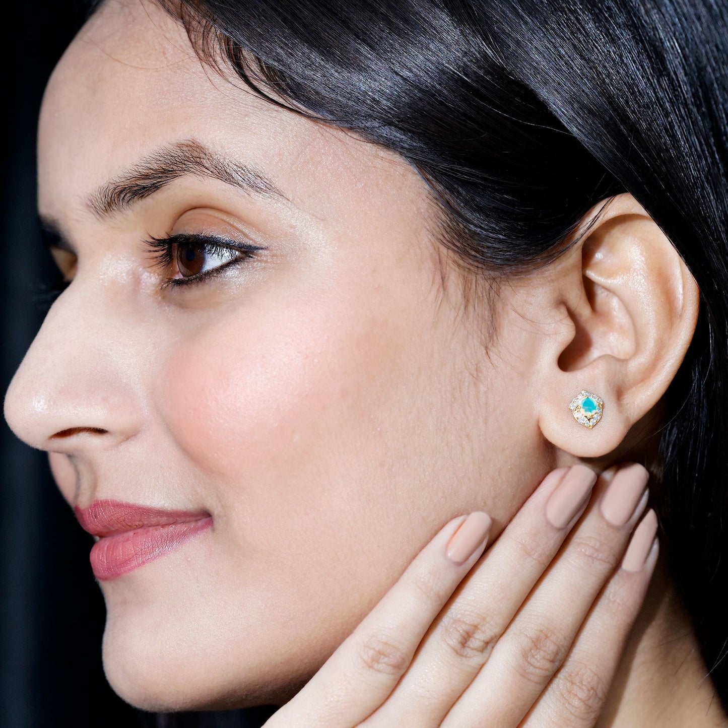 Vintage inspired Ethiopian Opal Stud Earrings with Diamond Accent