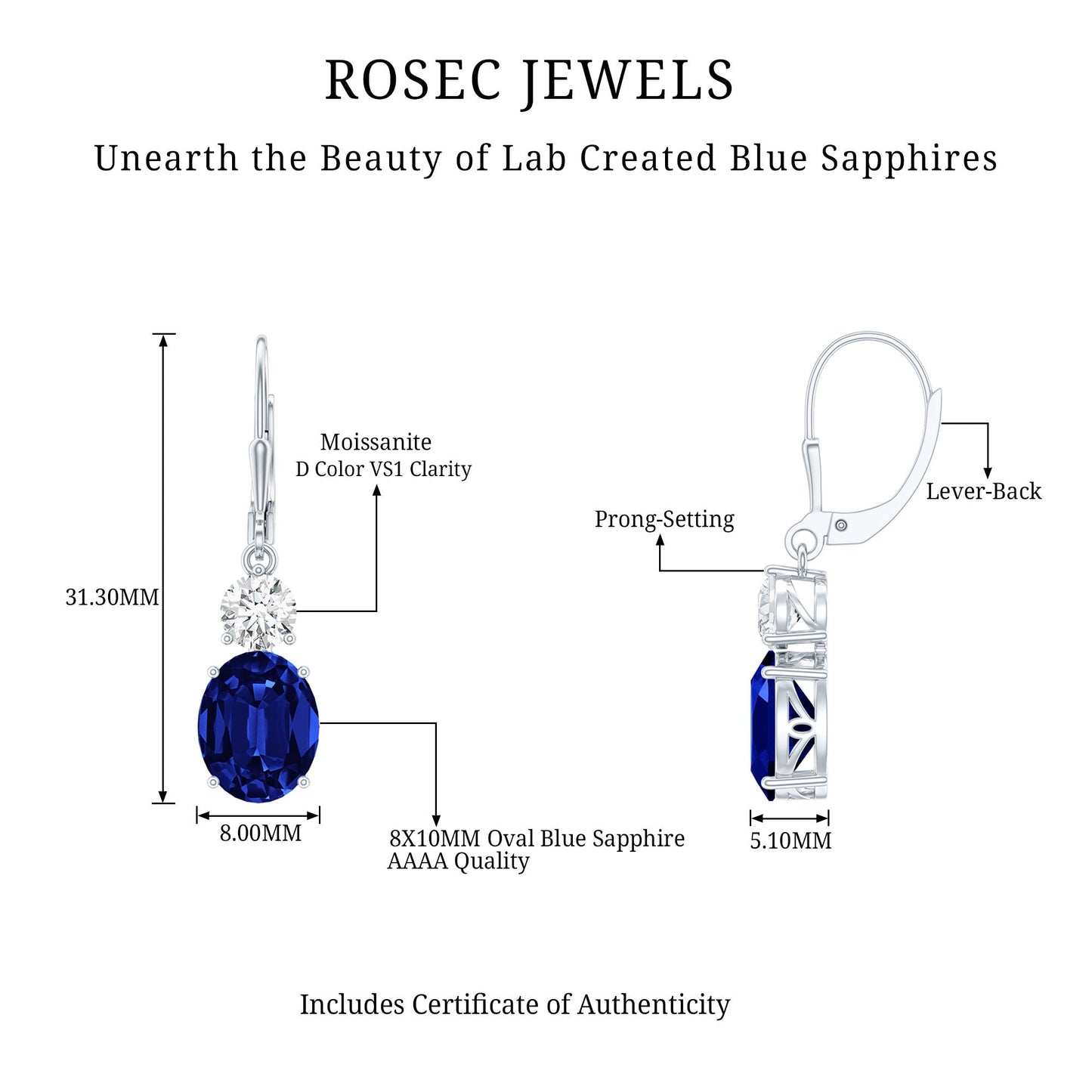Certified Lab Grown Blue Sapphire and Moissanite Drop Dangle Earrings