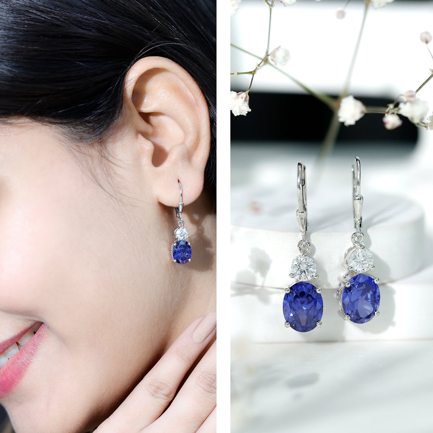 Certified Lab Grown Blue Sapphire and Moissanite Drop Dangle Earrings