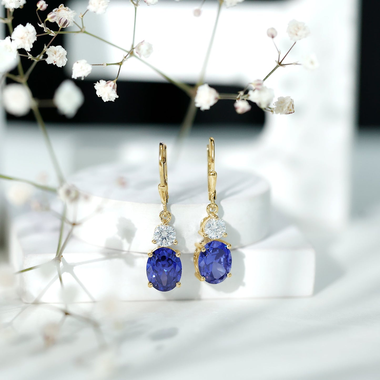 Certified Lab Grown Blue Sapphire and Moissanite Drop Dangle Earrings