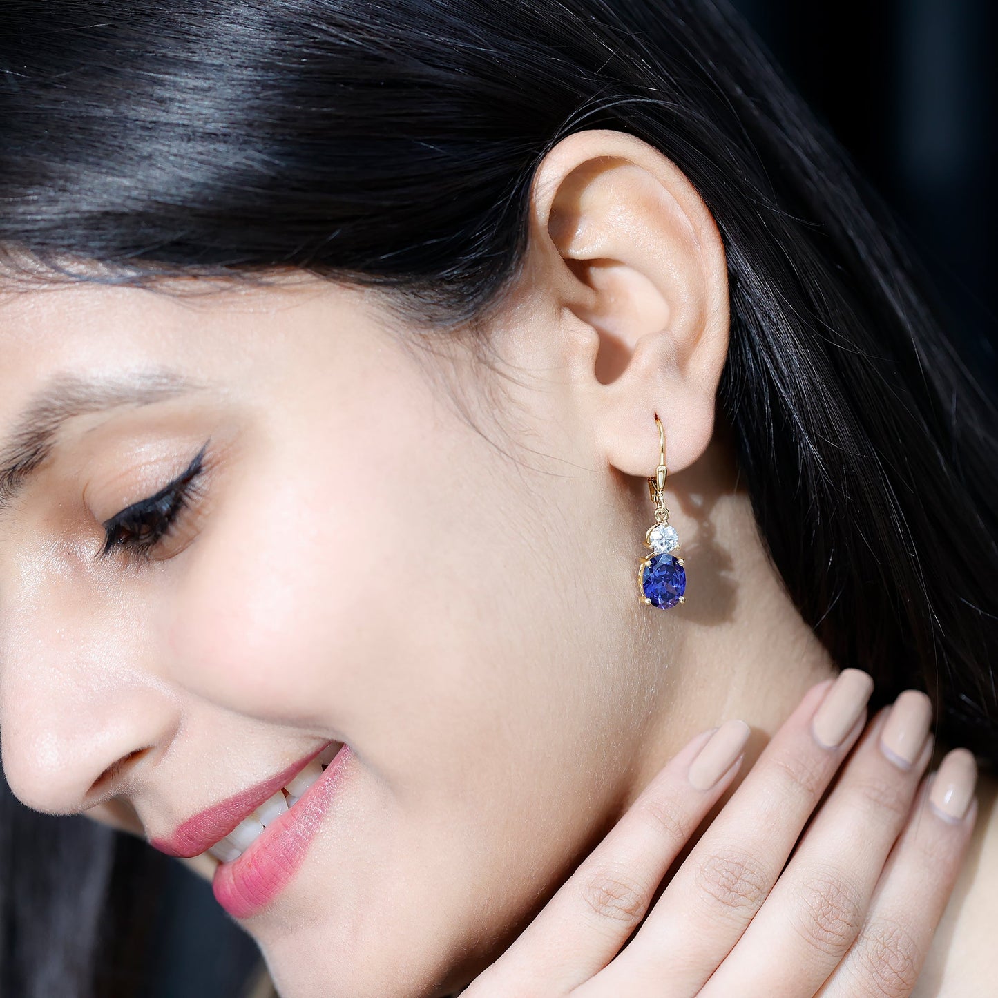 Certified Lab Grown Blue Sapphire and Moissanite Drop Dangle Earrings