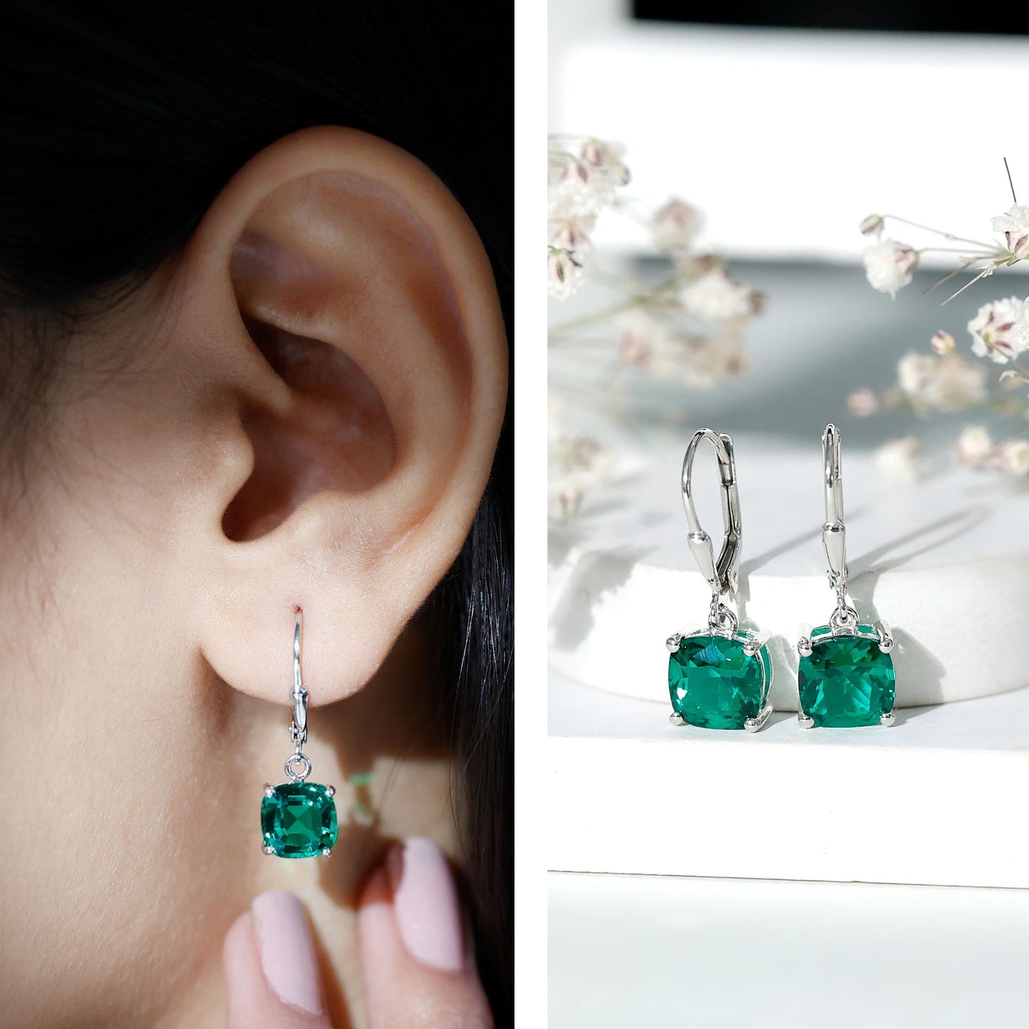 Cushion Cut Lab Created Emerald Dangle Hoop Earrings
