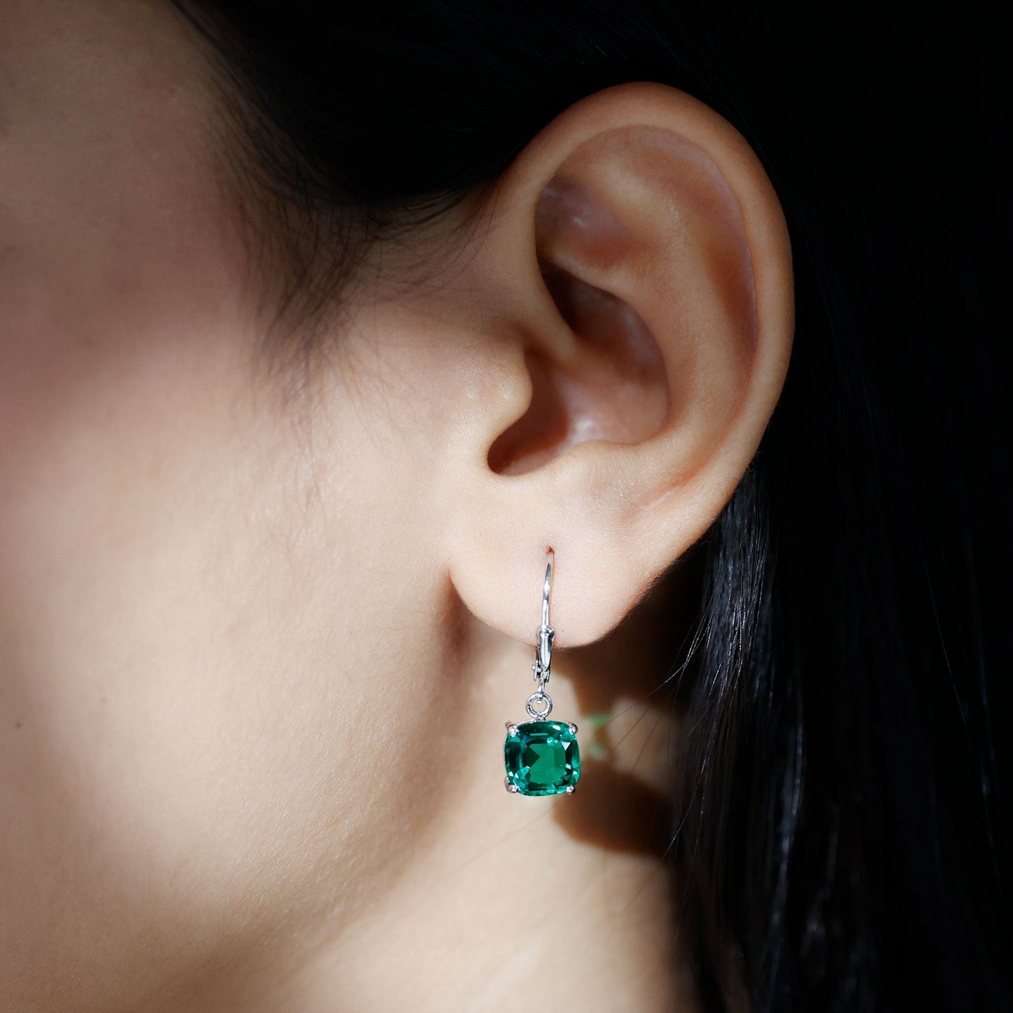 Cushion Cut Lab Created Emerald Dangle Hoop Earrings