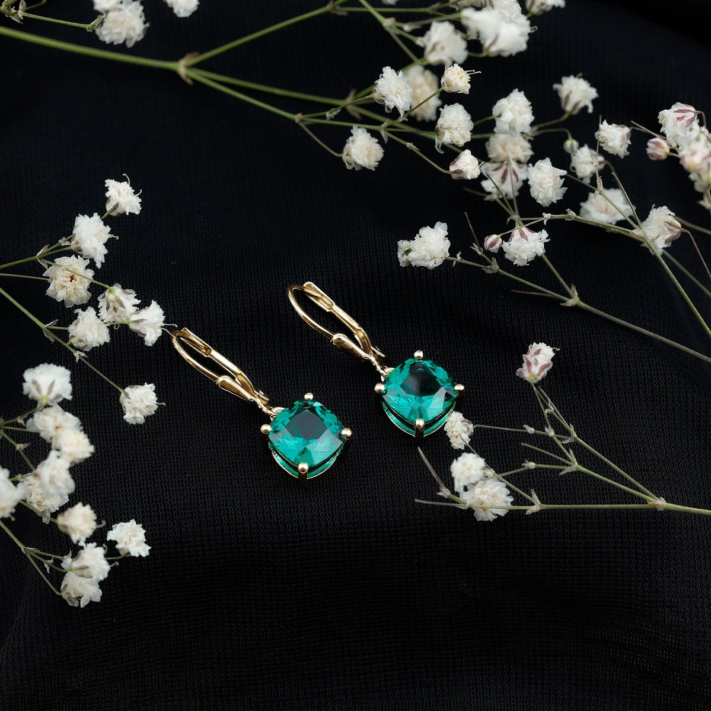 Cushion Cut Lab Created Emerald Dangle Hoop Earrings