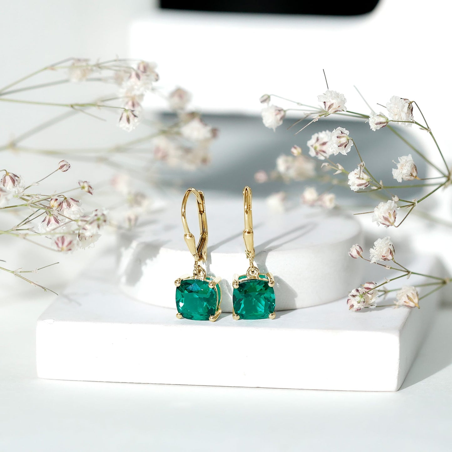 Cushion Cut Lab Created Emerald Dangle Hoop Earrings