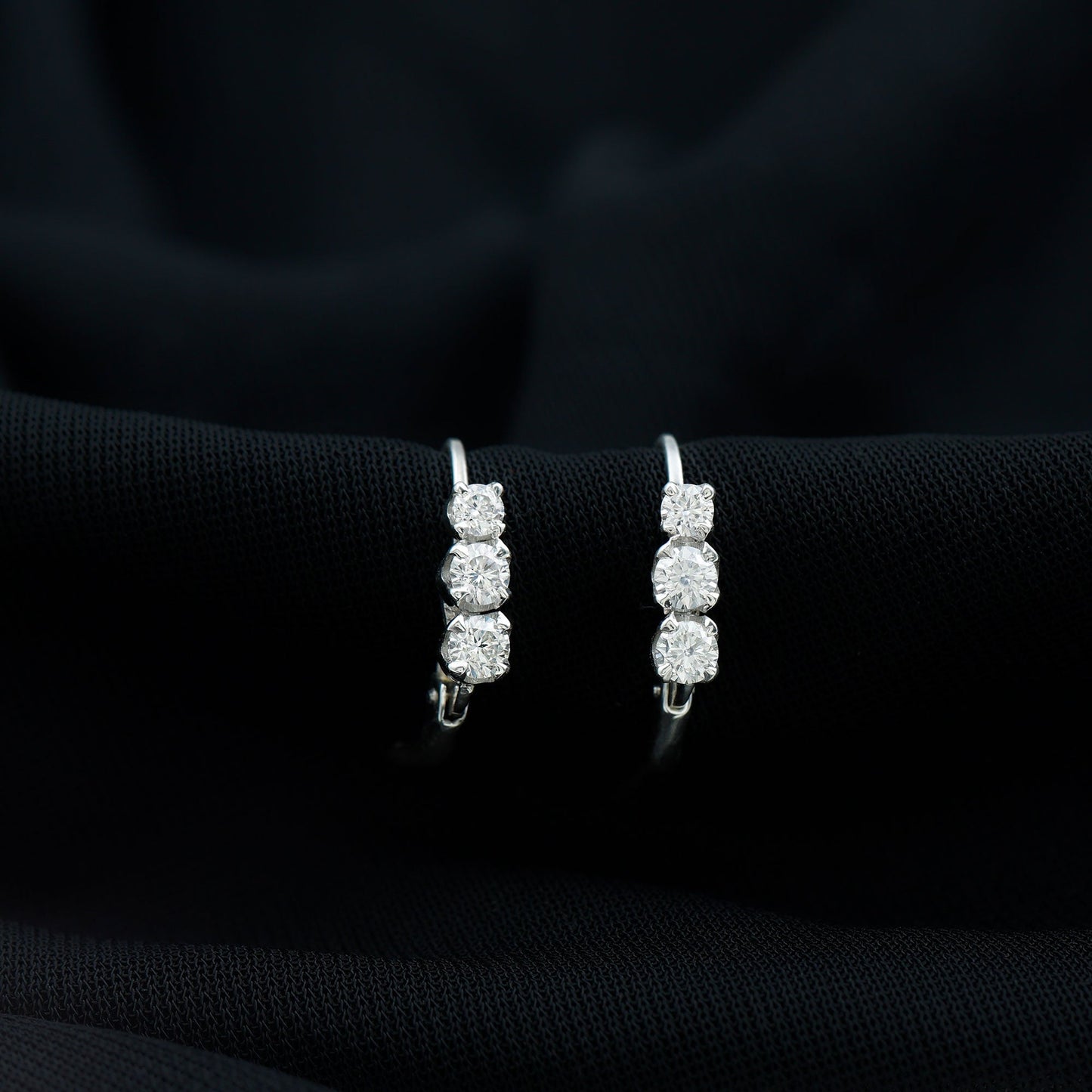 Round Moissanite Three Stone Hoop Earrings with Lever Back