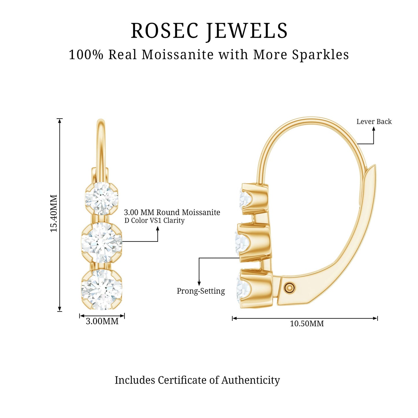Round Moissanite Three Stone Hoop Earrings with Lever Back