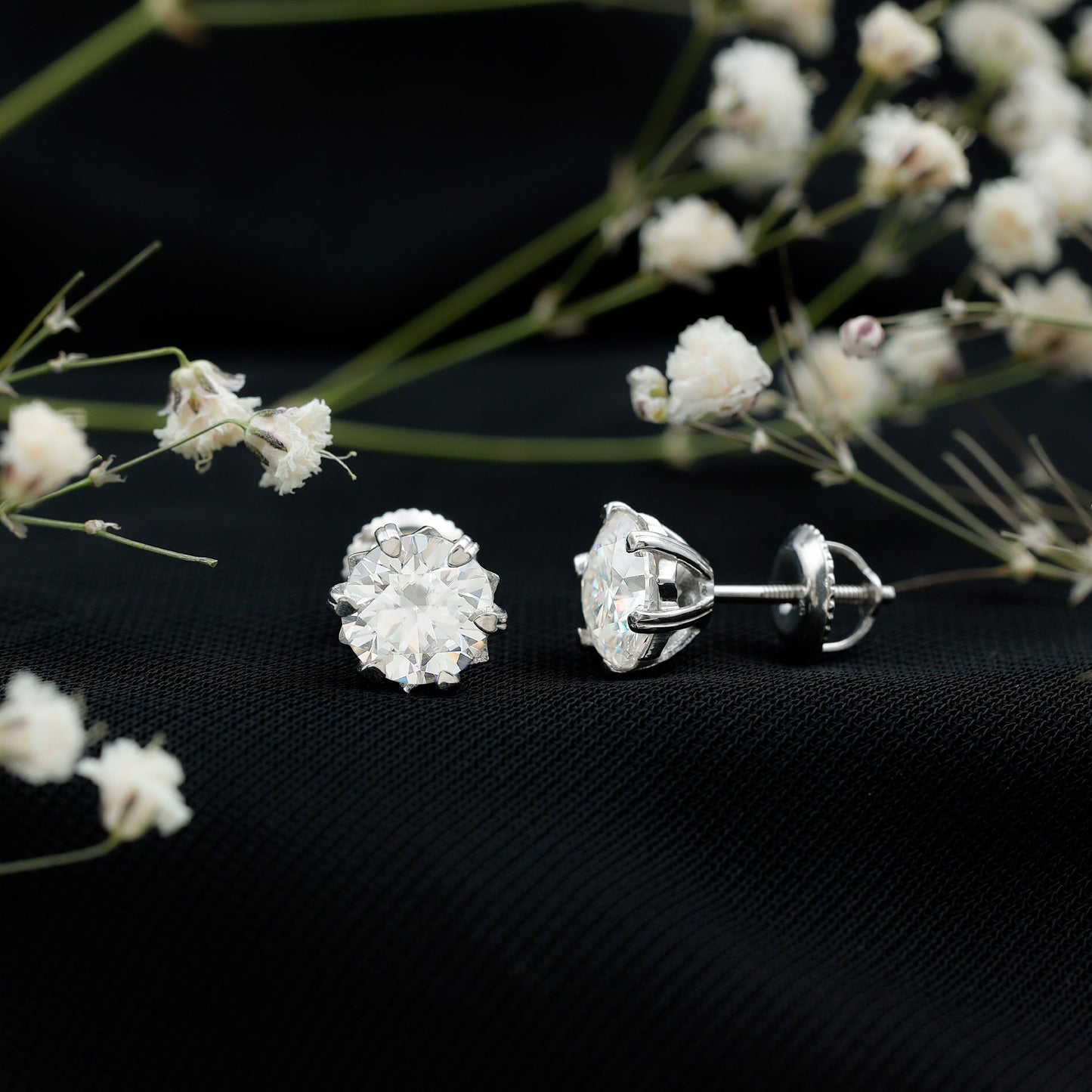 Round 2.7 Carat Moissanite Solitaire Stud Earrings in Sterling Silver