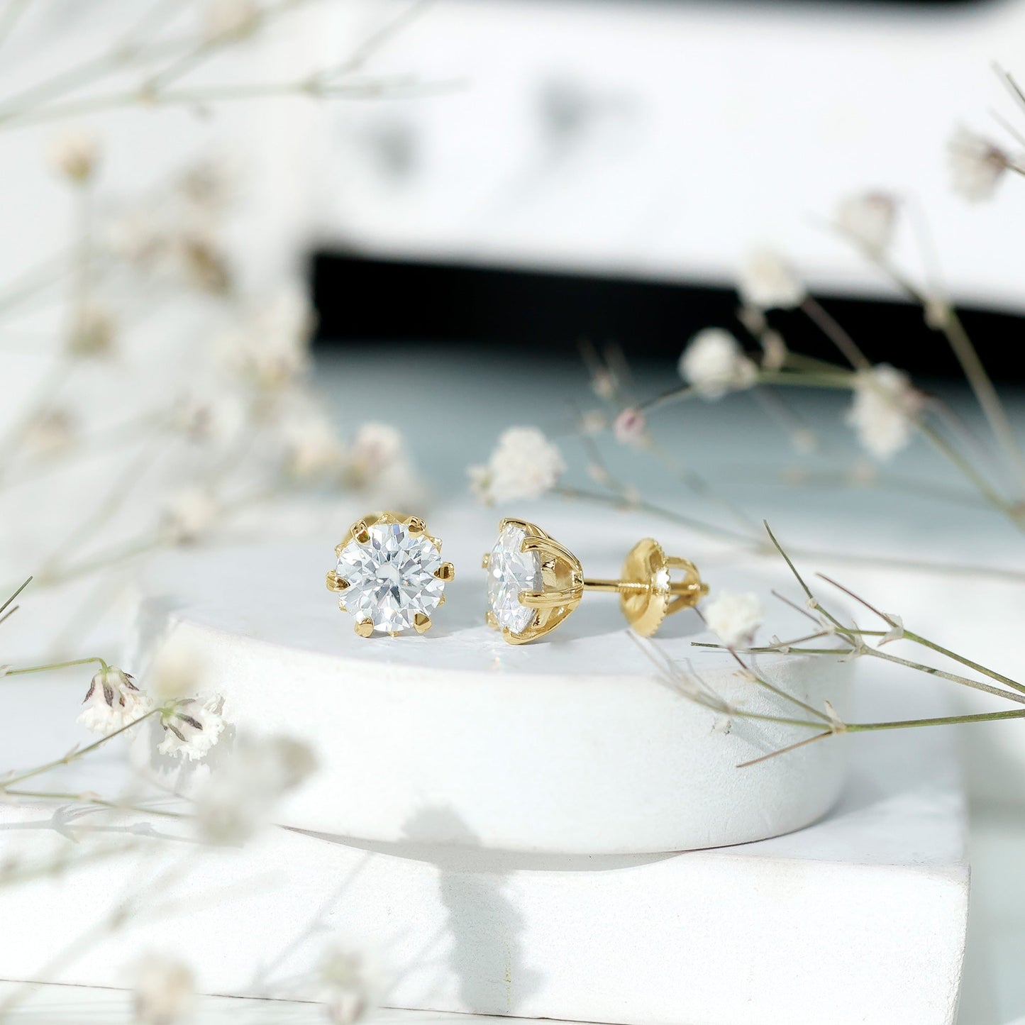 Brilliant Cut Moissanite Solitaire Stud Earrings in Decorative Setting