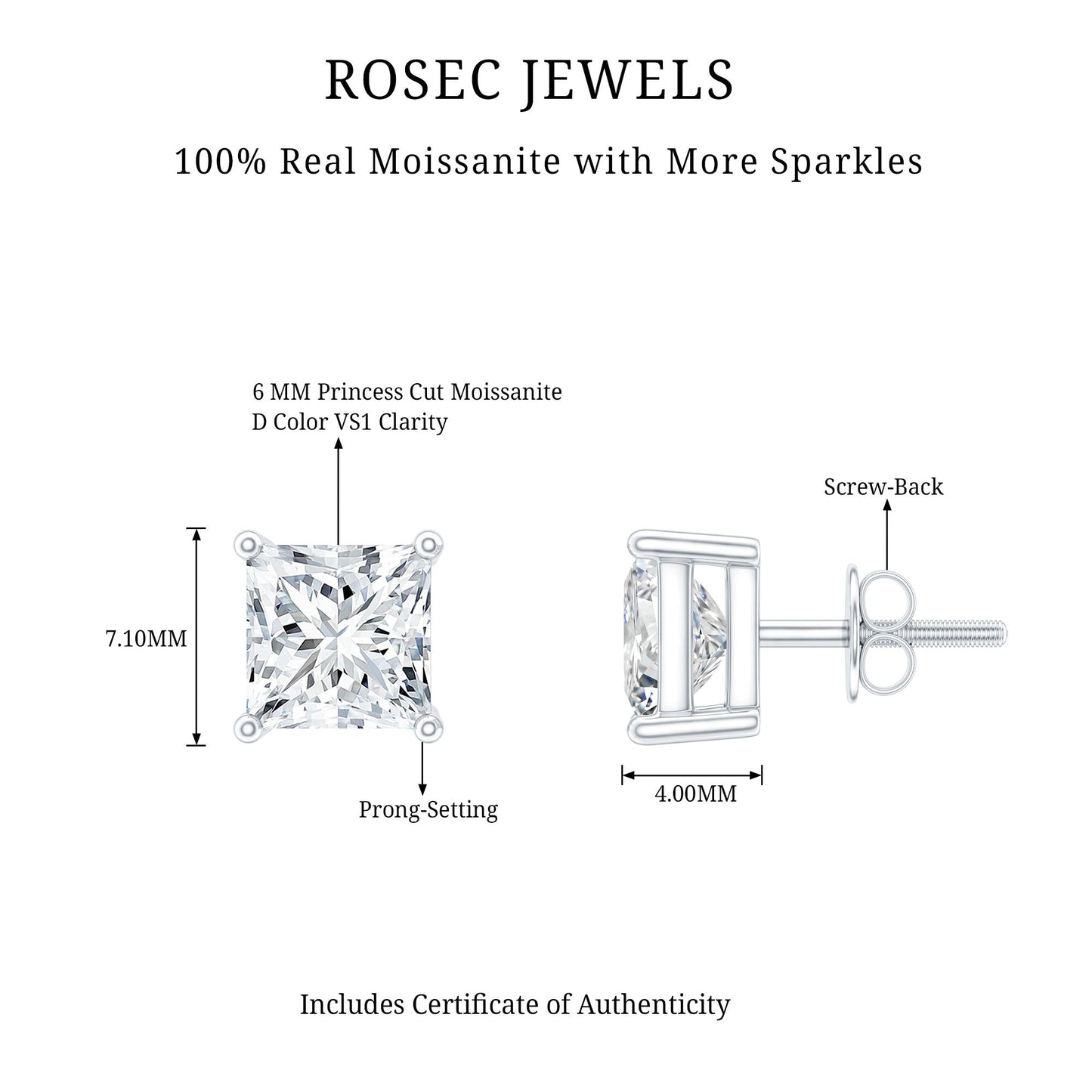 2.5 Carat Solitaire Princess Cut Moissanite Stud Earrings