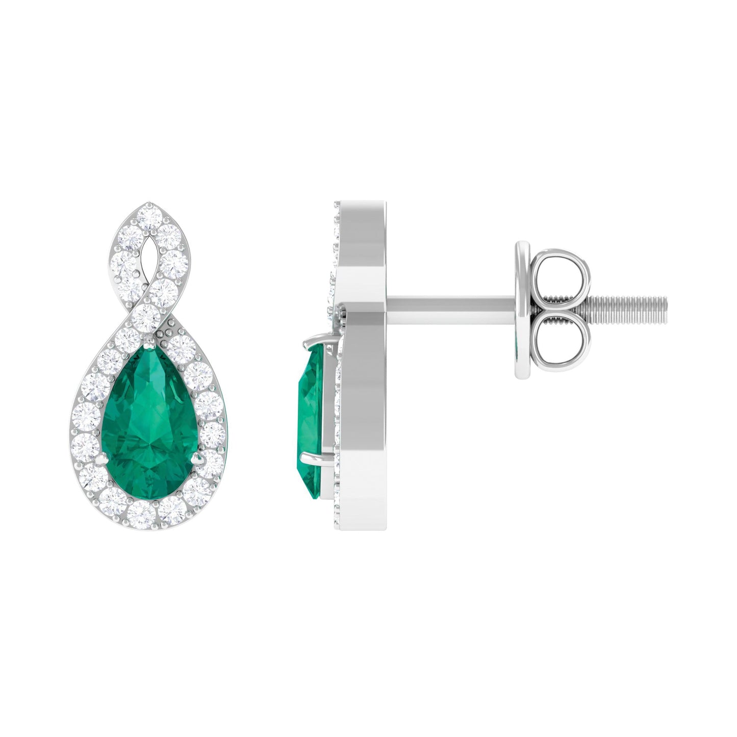 Natural Pear Shaped Emerald Diamond Infinity Stud Earrings