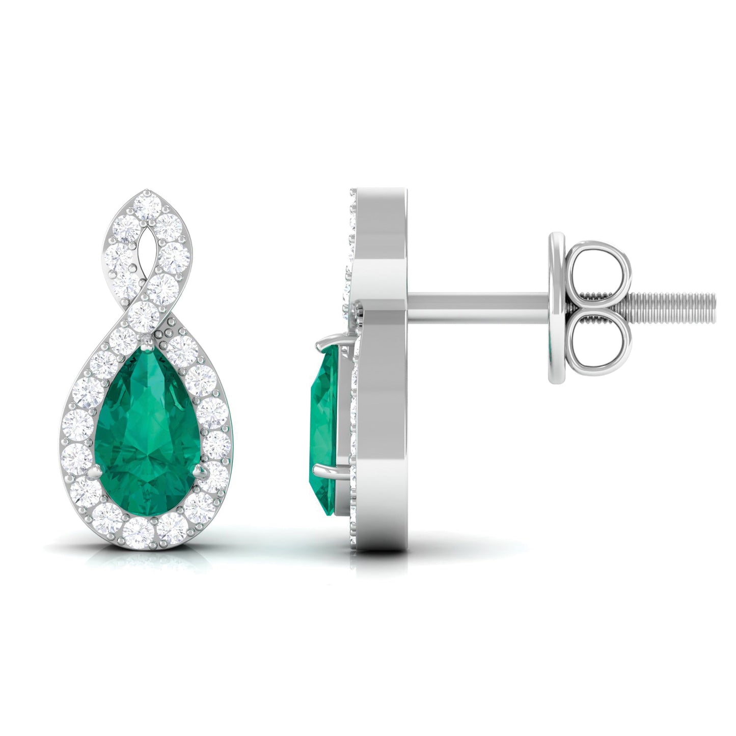 Natural Pear Shaped Emerald Diamond Infinity Stud Earrings