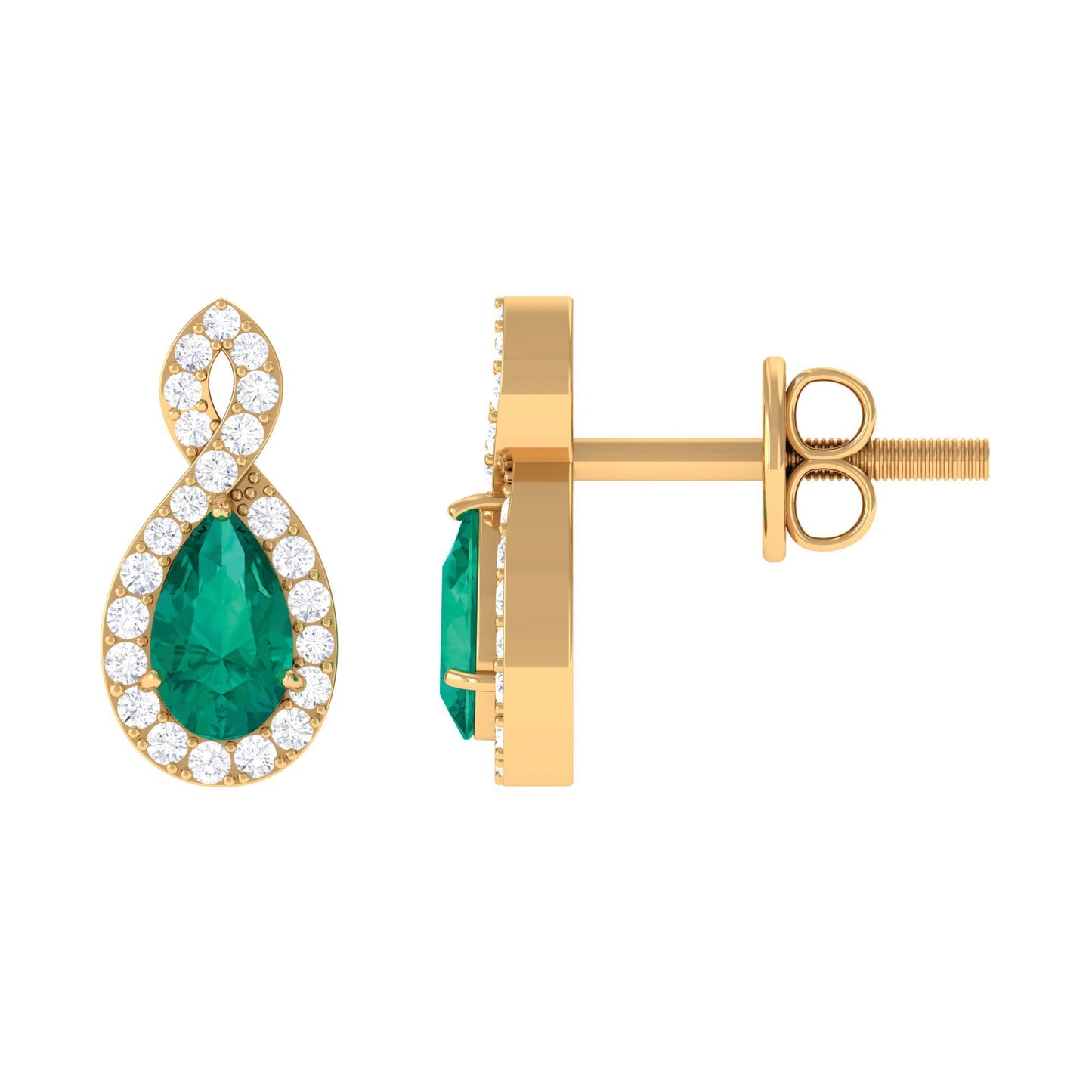 Natural Pear Shaped Emerald Diamond Infinity Stud Earrings