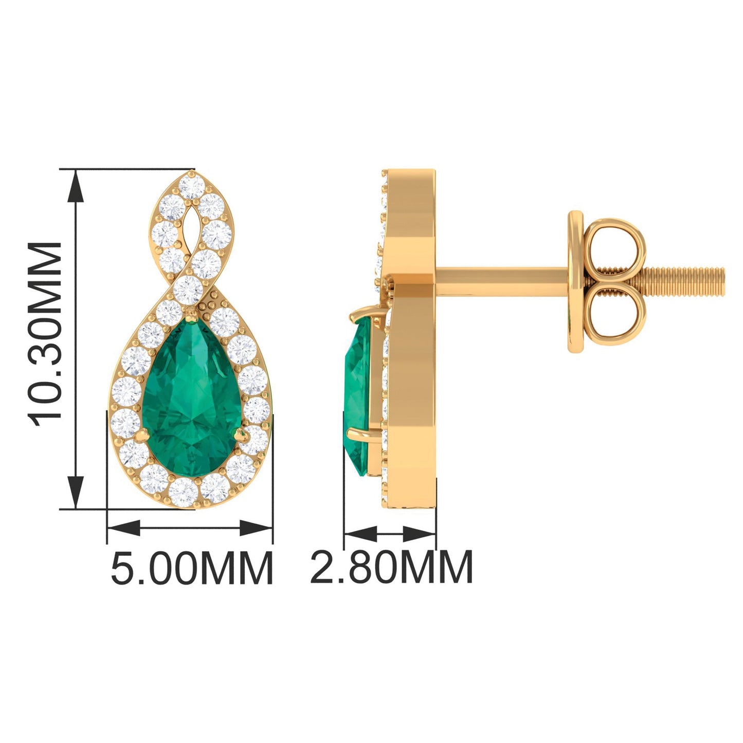 Natural Pear Shaped Emerald Diamond Infinity Stud Earrings