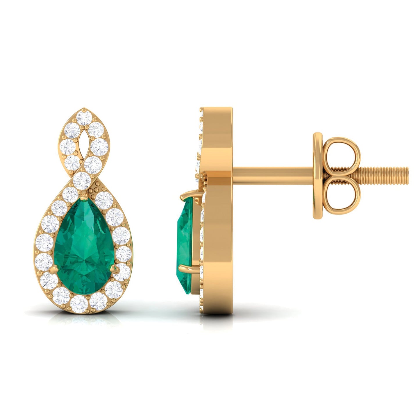 Natural Pear Shaped Emerald Diamond Infinity Stud Earrings
