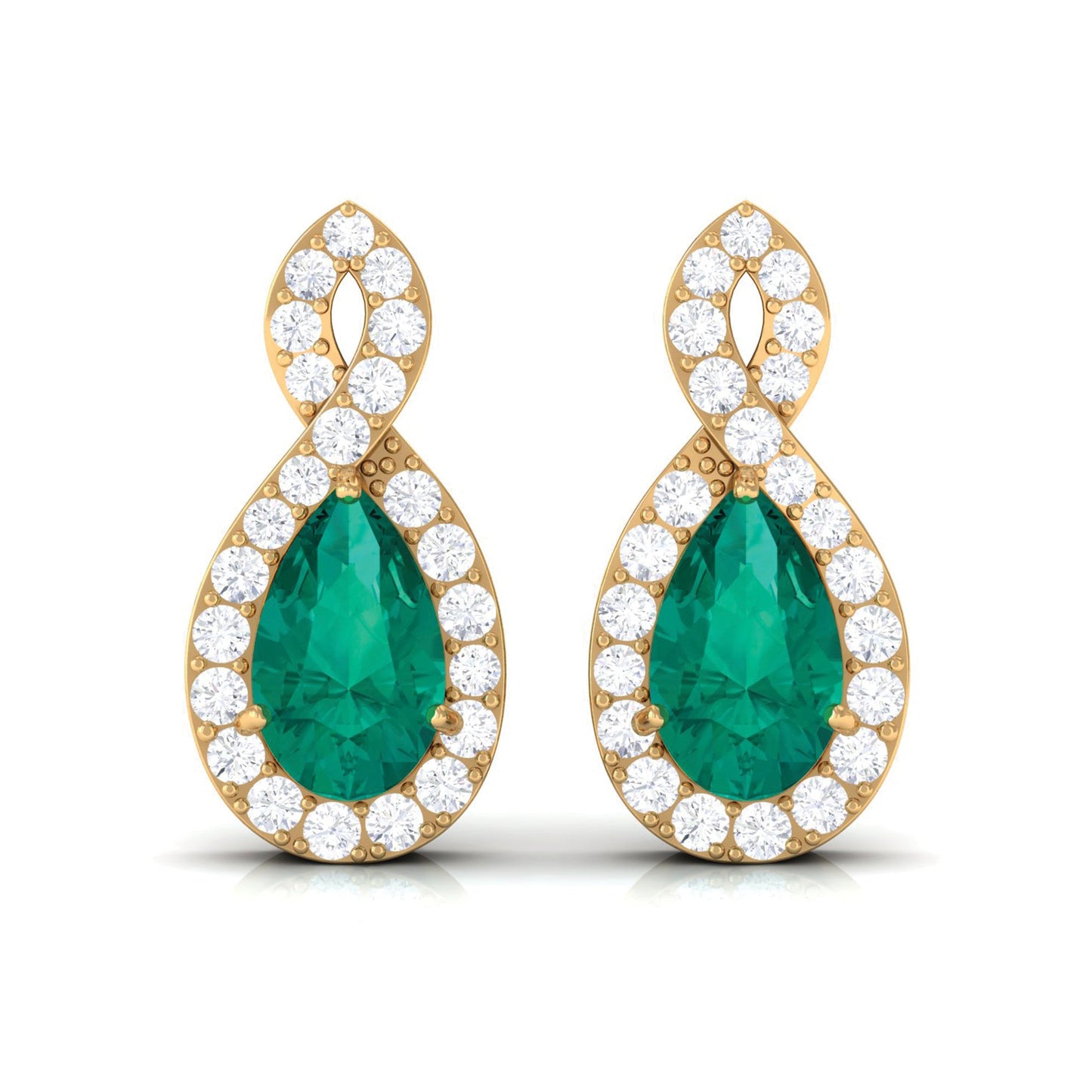 Natural Pear Shaped Emerald Diamond Infinity Stud Earrings