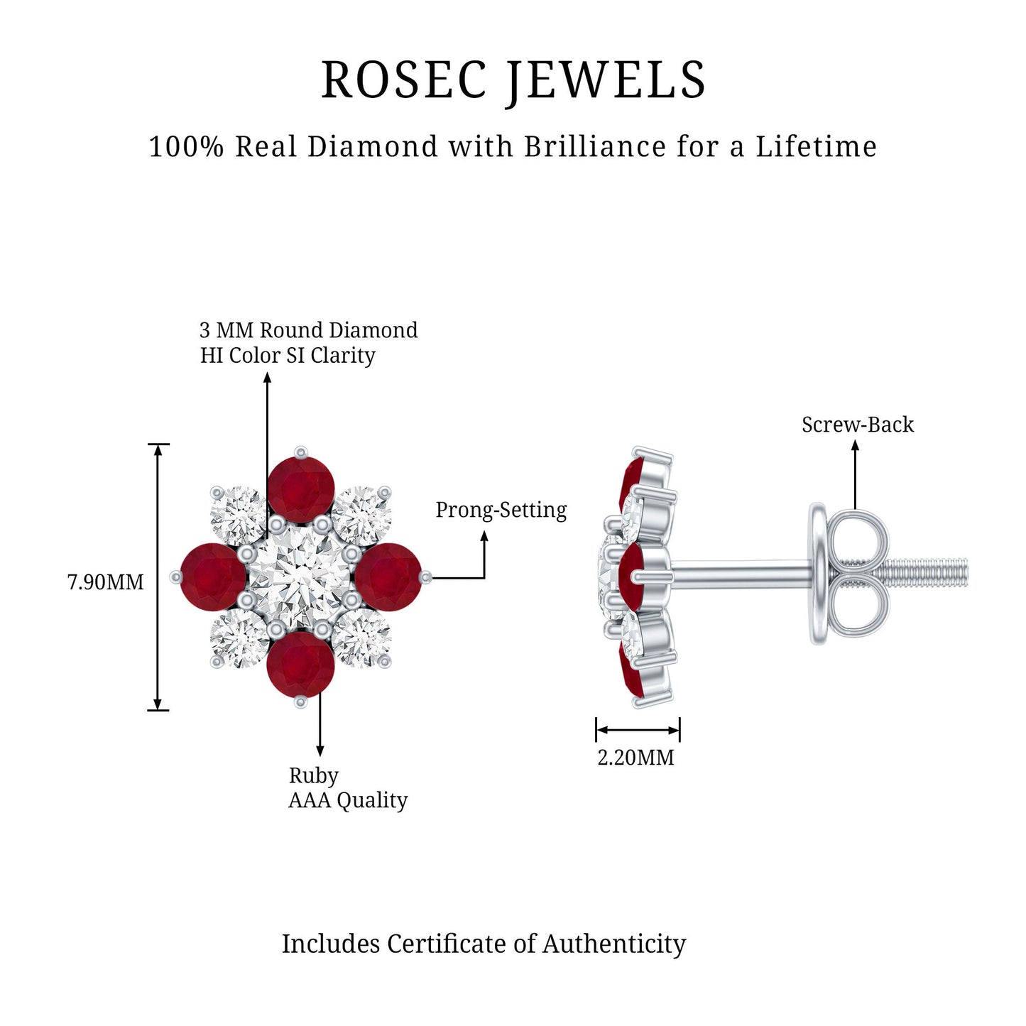 Real Diamond and Ruby Floral Stud Earrings