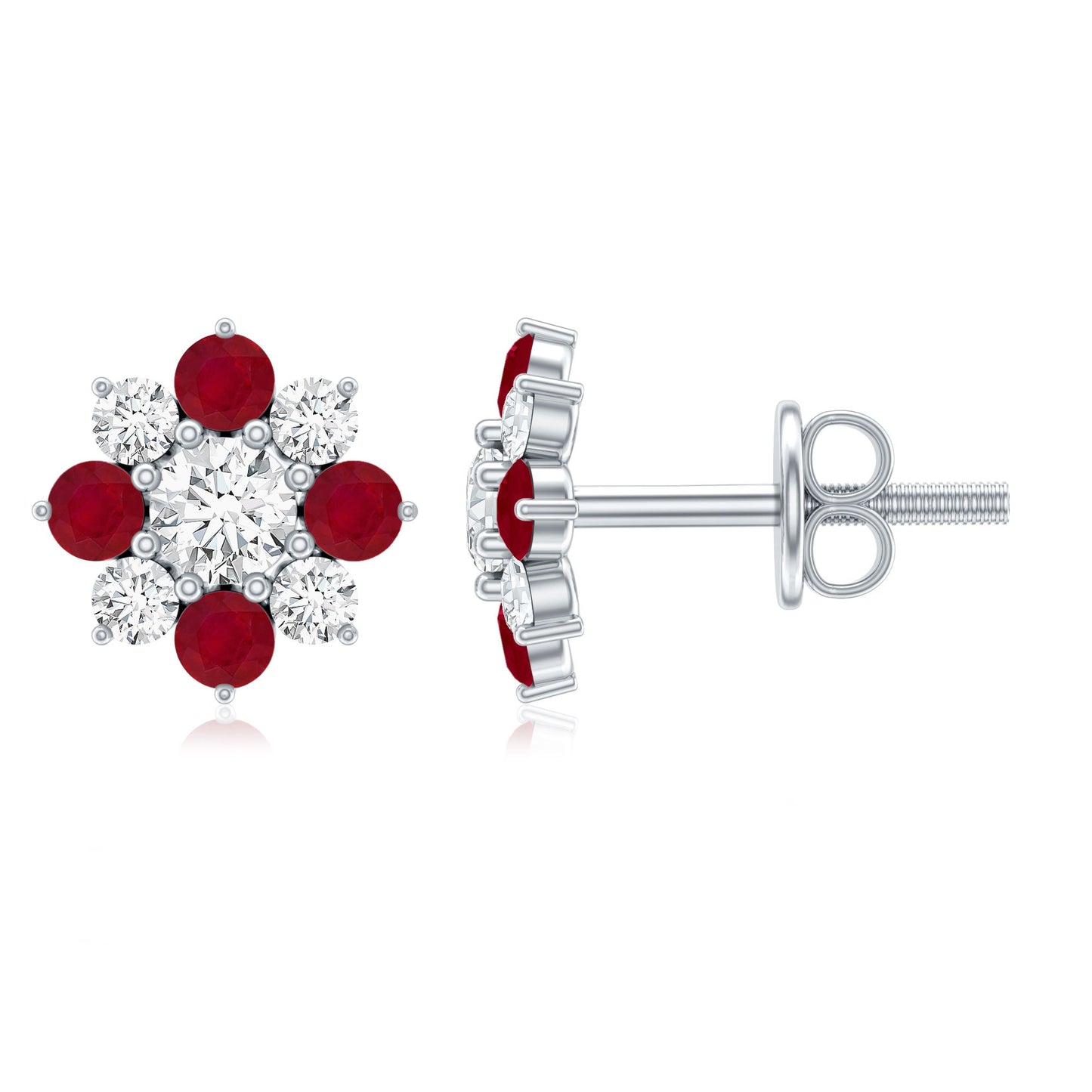 Real Diamond and Ruby Floral Stud Earrings
