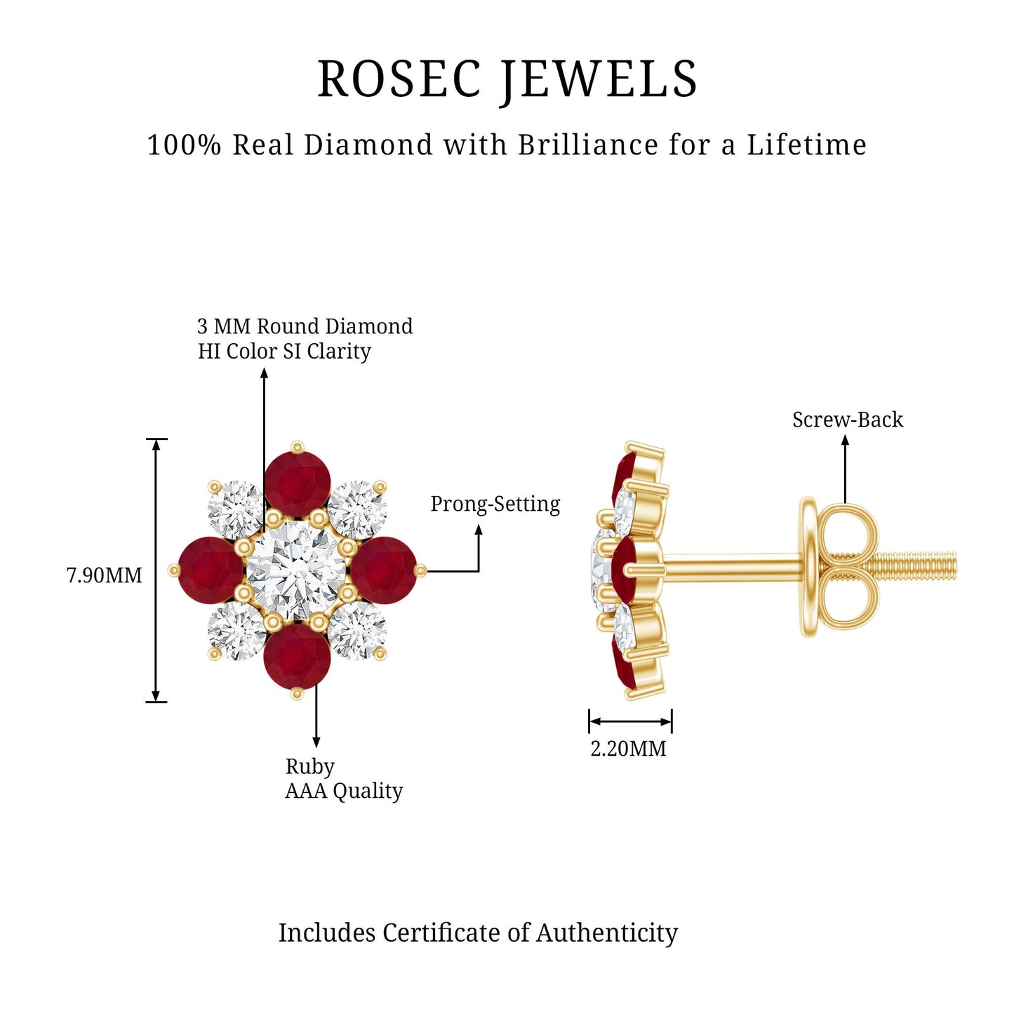Real Diamond and Ruby Floral Stud Earrings