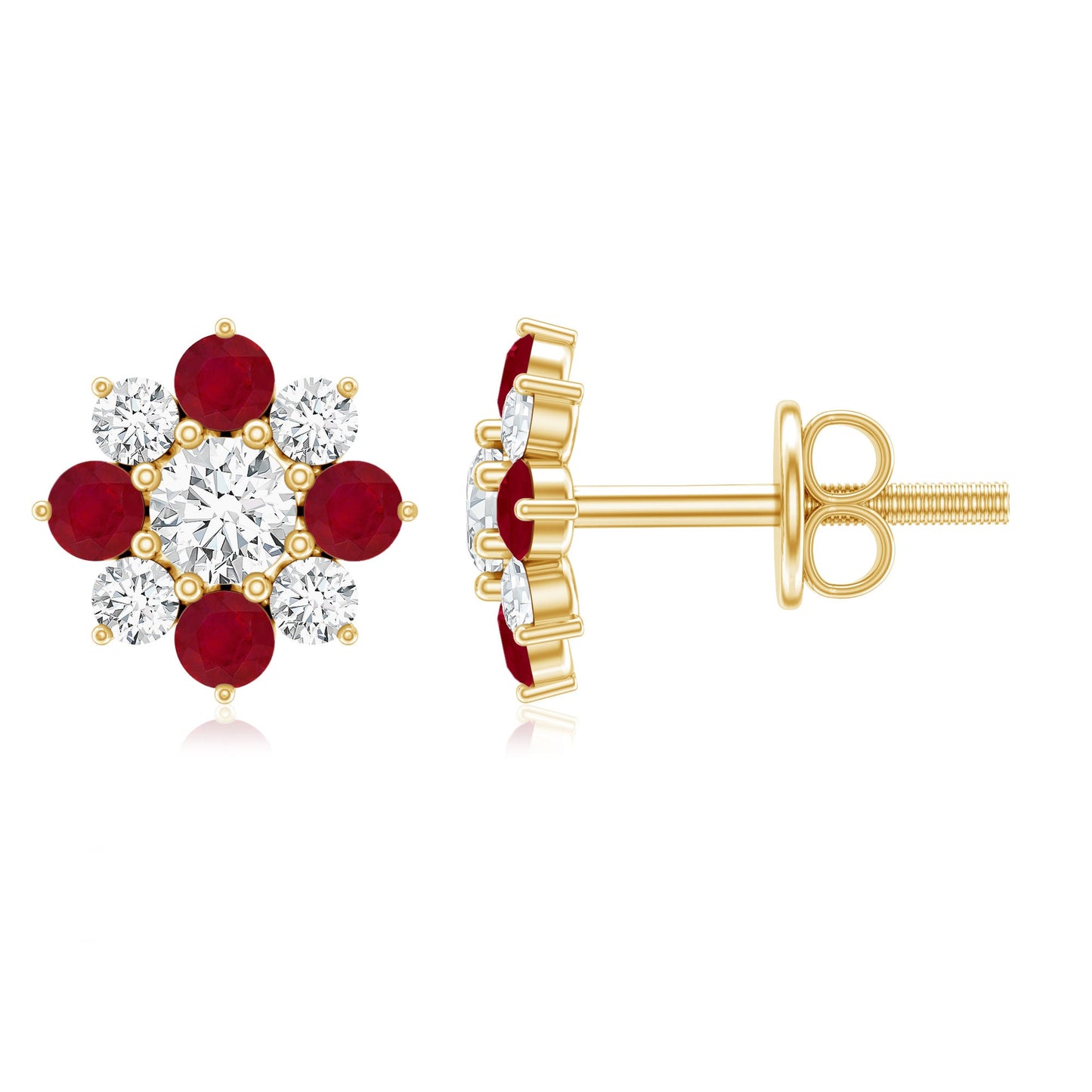 Real Diamond and Ruby Floral Stud Earrings