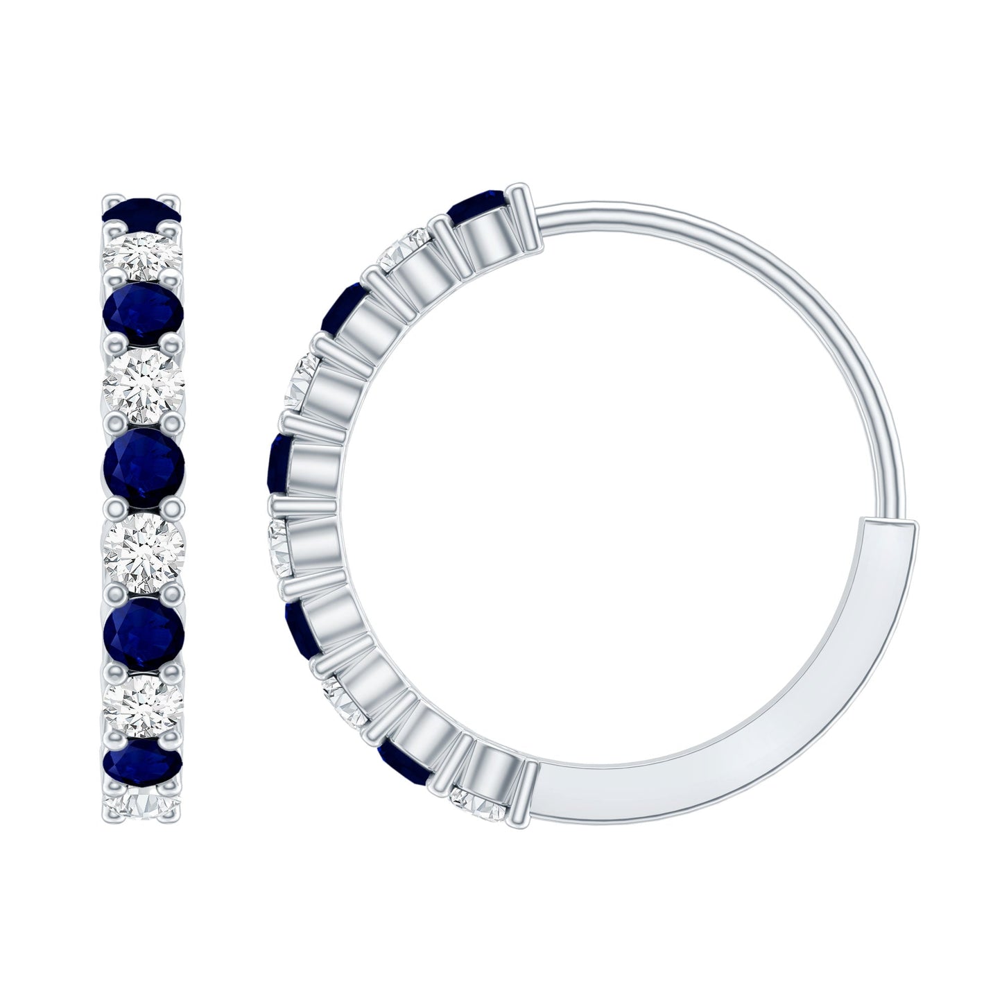 Round Blue Sapphire and Diamond Hinged Hoop Earrings with Certificate