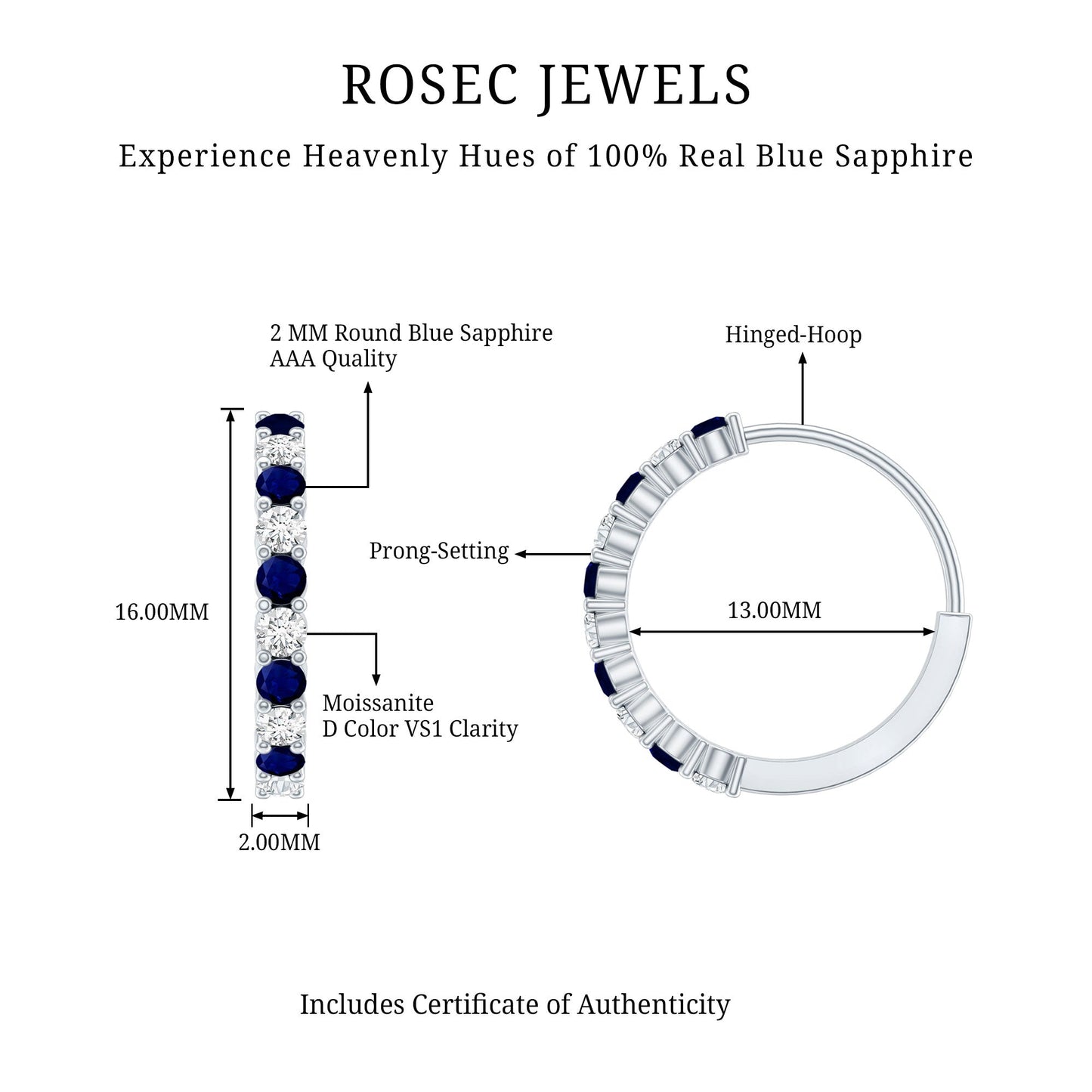 Round Blue Sapphire and Diamond Hinged Hoop Earrings with Certificate