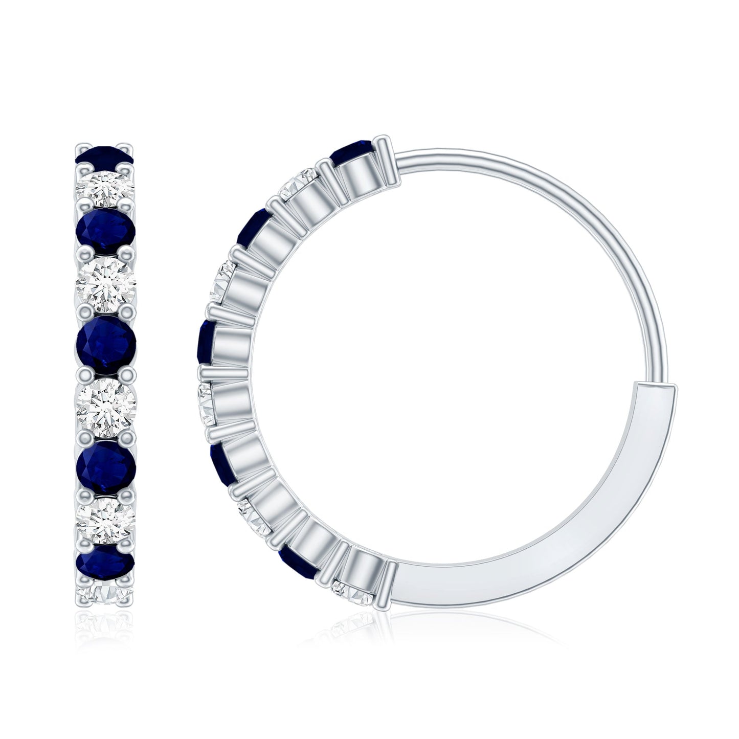 Round Blue Sapphire and Diamond Hinged Hoop Earrings with Certificate