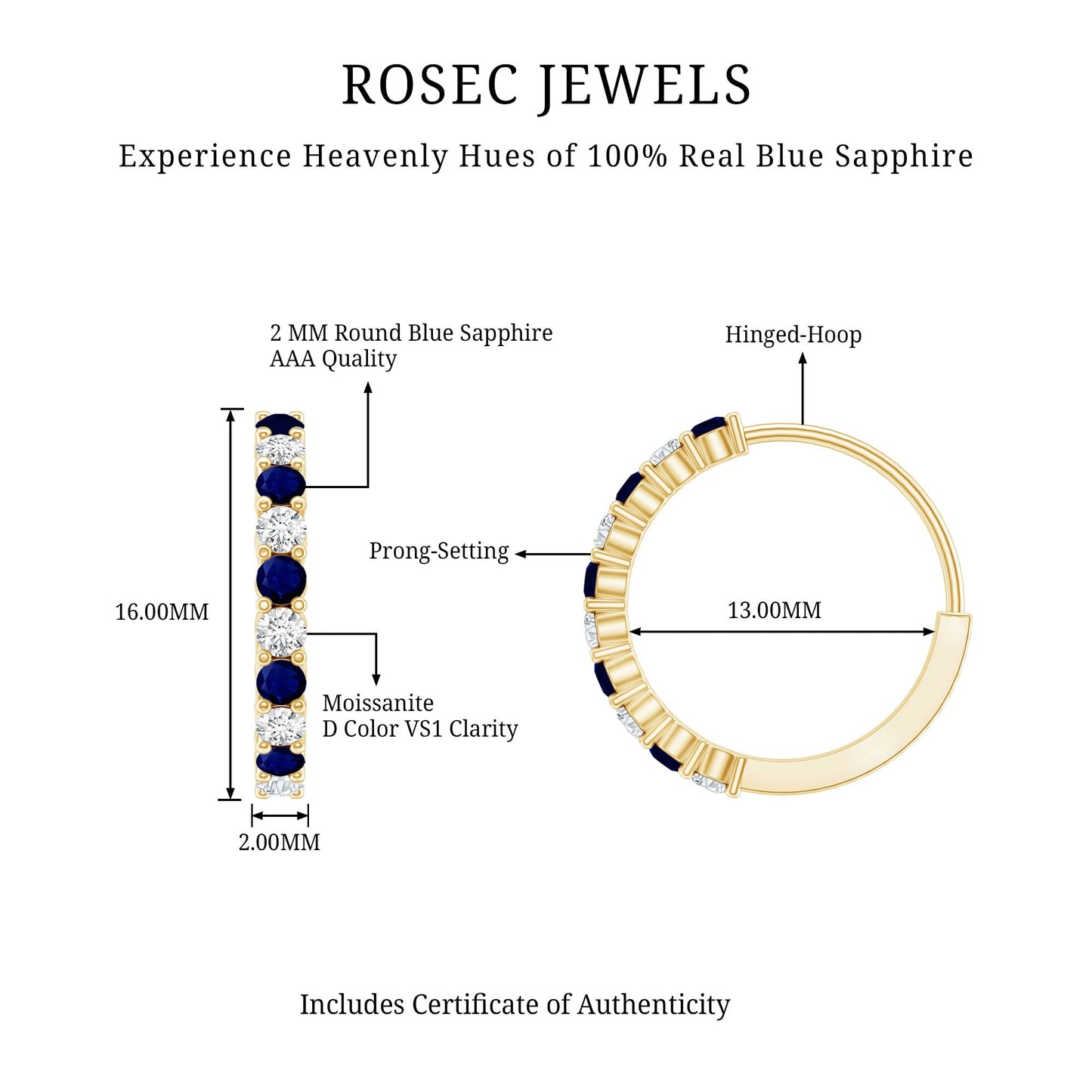 Round Blue Sapphire and Diamond Hinged Hoop Earrings with Certificate