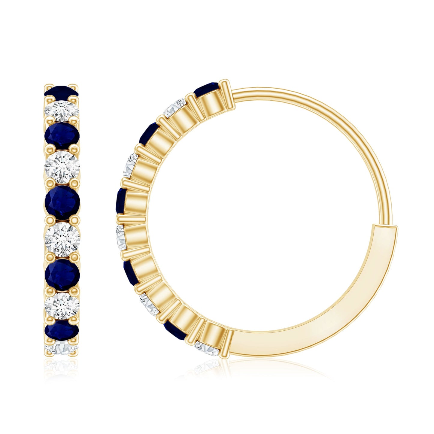 Round Blue Sapphire and Diamond Hinged Hoop Earrings with Certificate