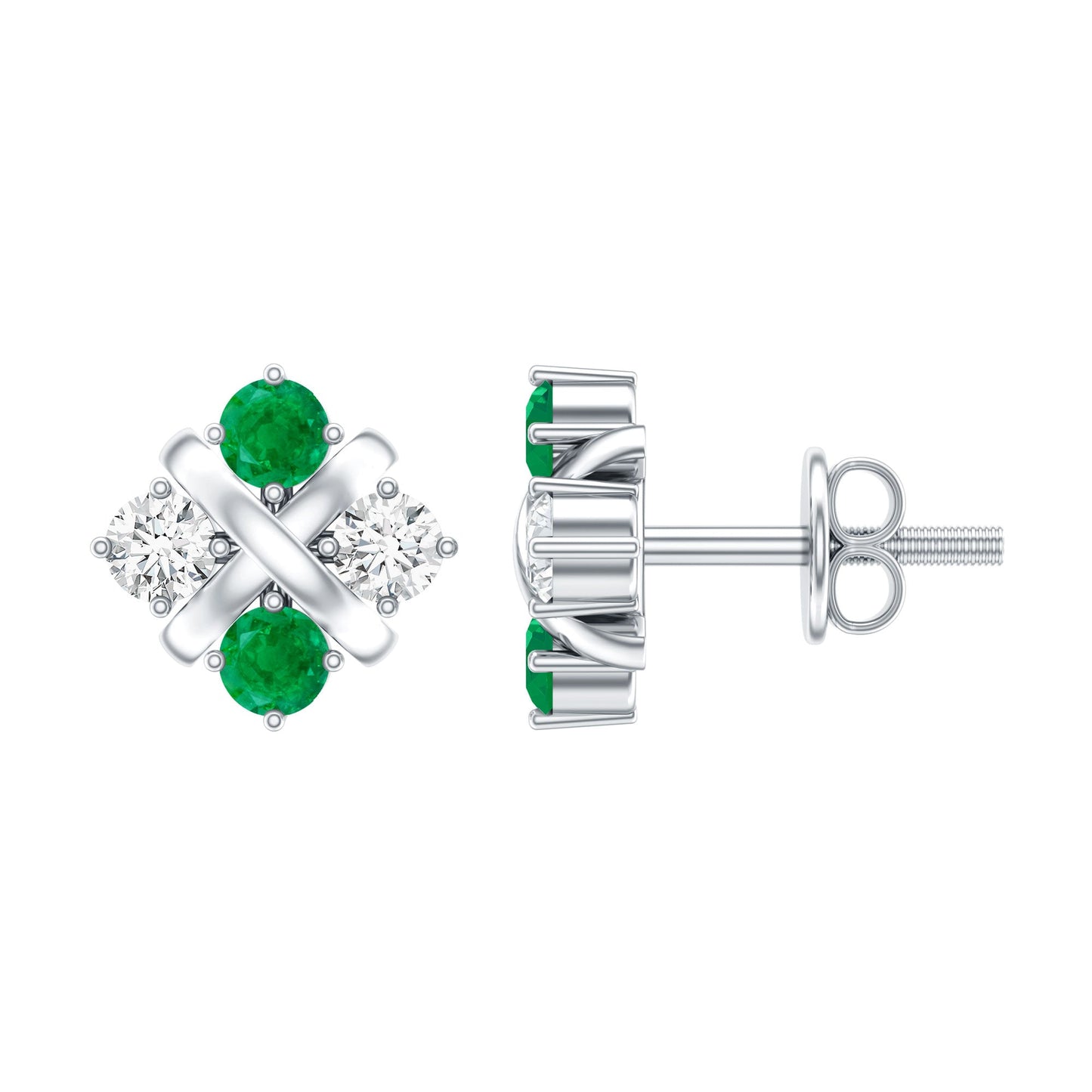 Certified Emerald and Lab Diamond Cluster Stud Earrings
