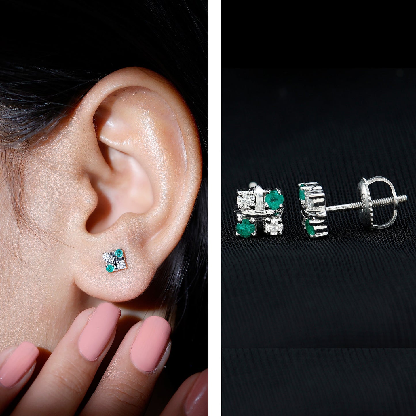 Certified Emerald and Lab Diamond Cluster Stud Earrings