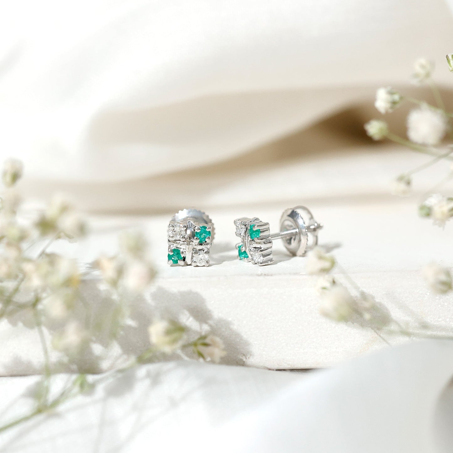 Certified Emerald and Lab Diamond Cluster Stud Earrings
