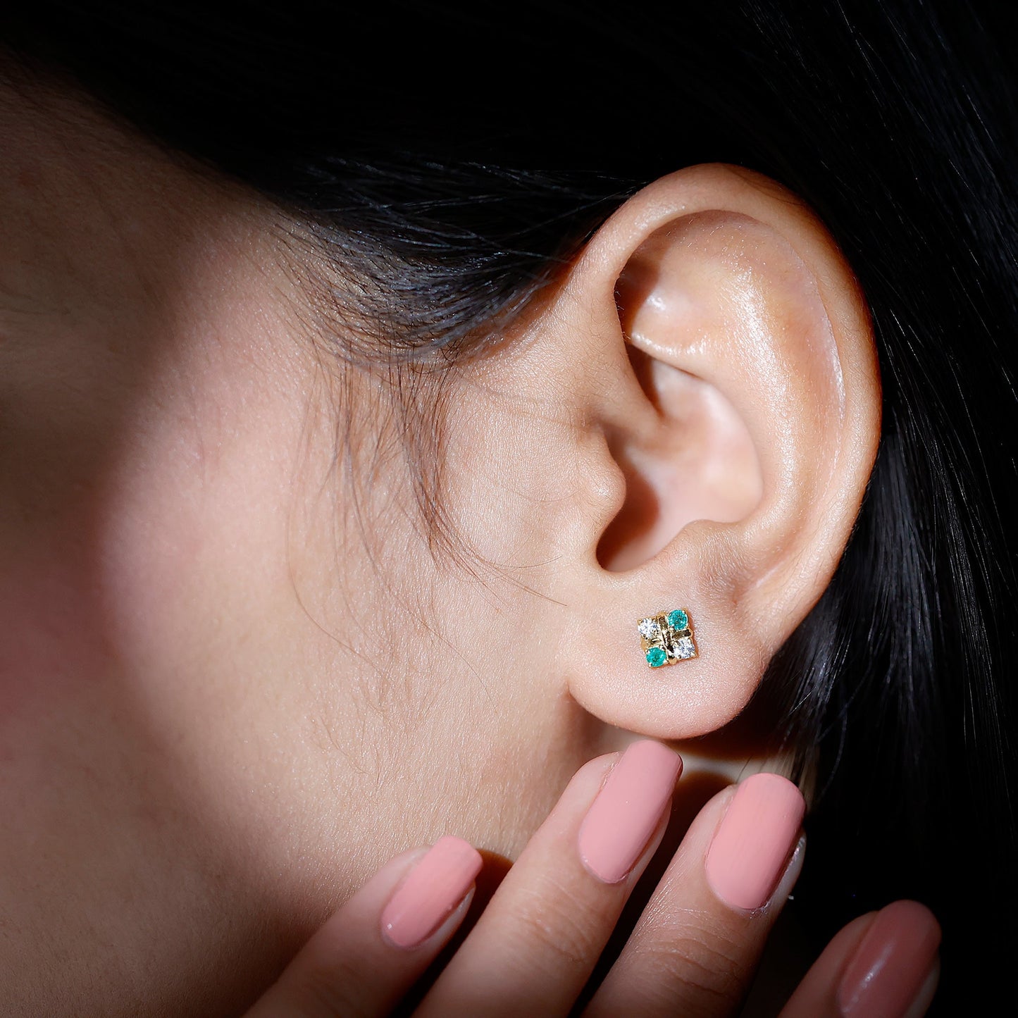 Certified Emerald and Lab Diamond Cluster Stud Earrings