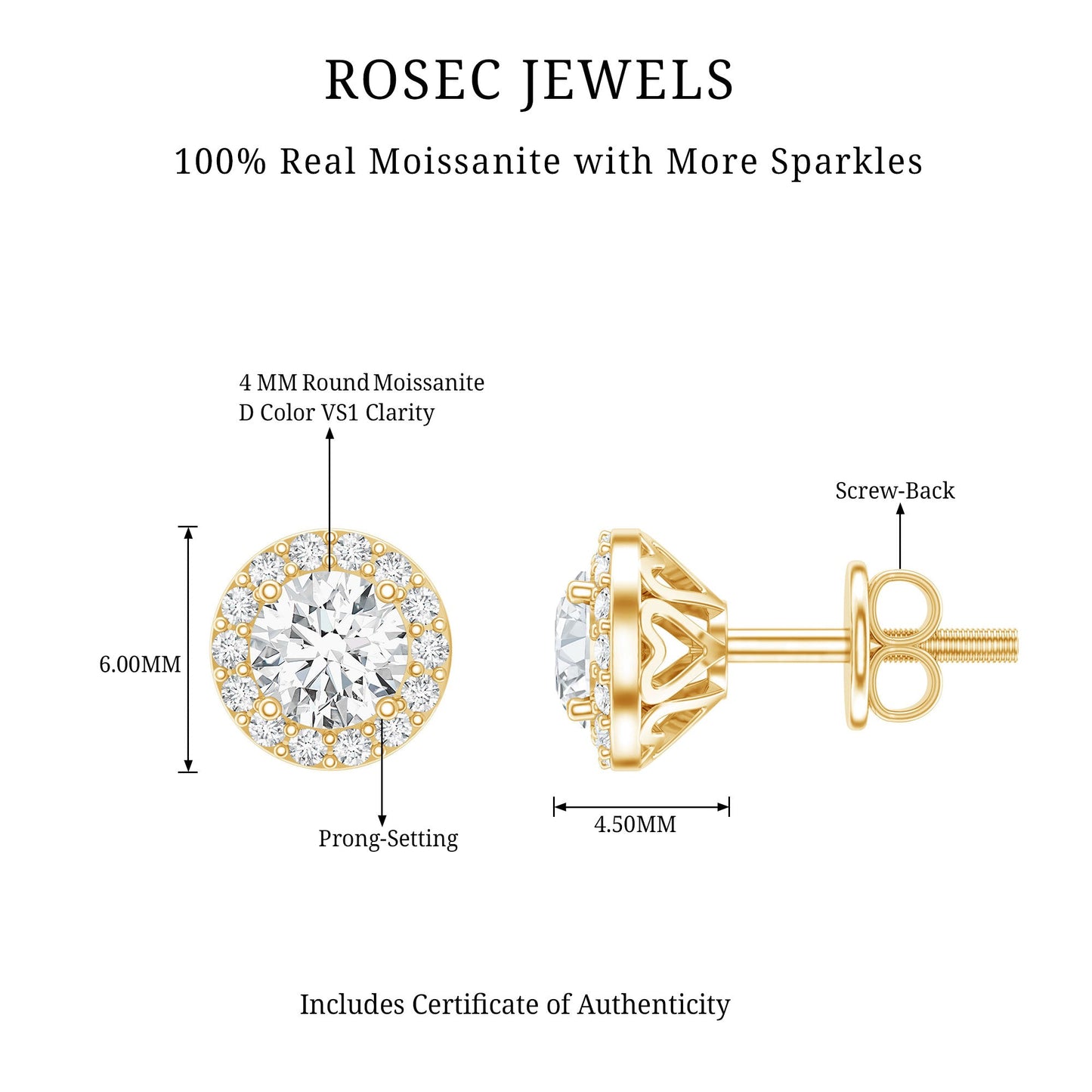 Certified Round Moissanite Halo Stud Earrings