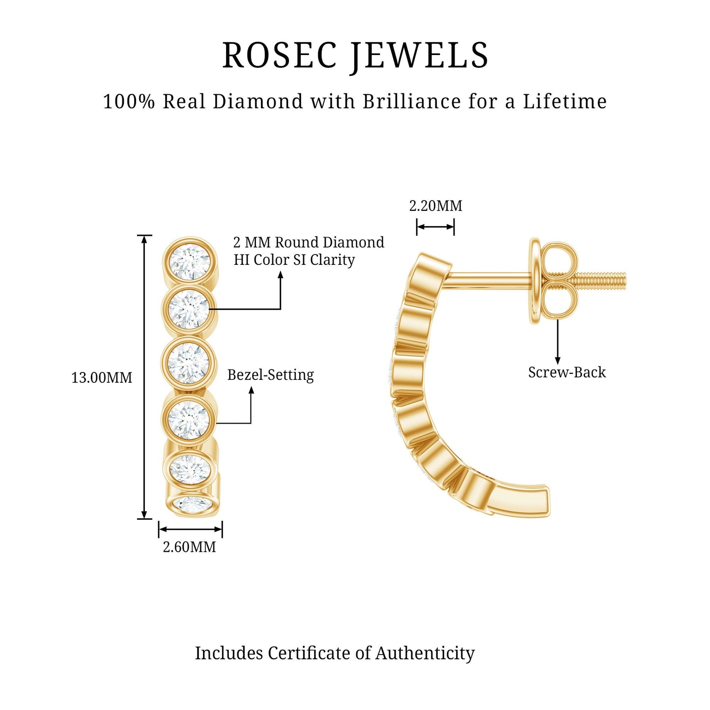 Bezel Set Round Diamond J Hoop Earrings